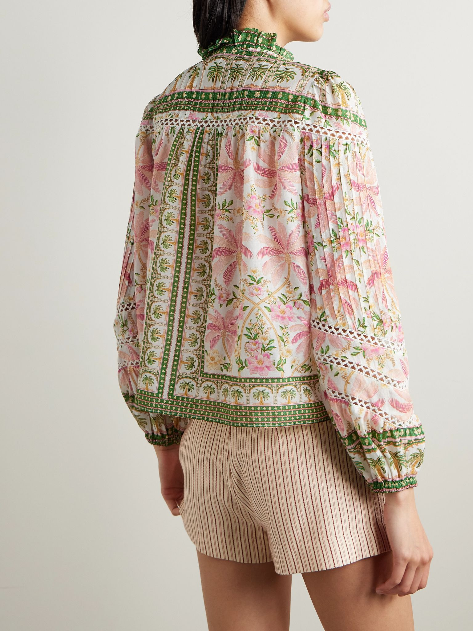 Crochet-trimmed pintucked printed cotton-voile blouse Pink - 4
