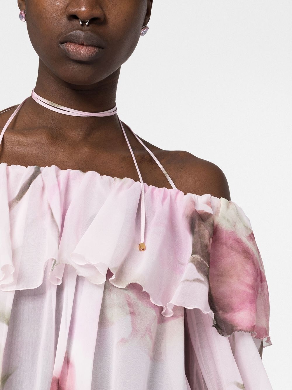 ruffled-trim floral-print blouse - 5