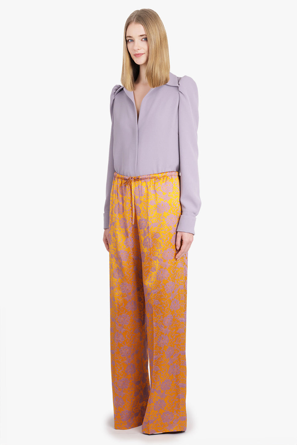 PUVIS FLORAL JACQUARD DRAWSTRING PANT | MANDARIN/LILAC - 2