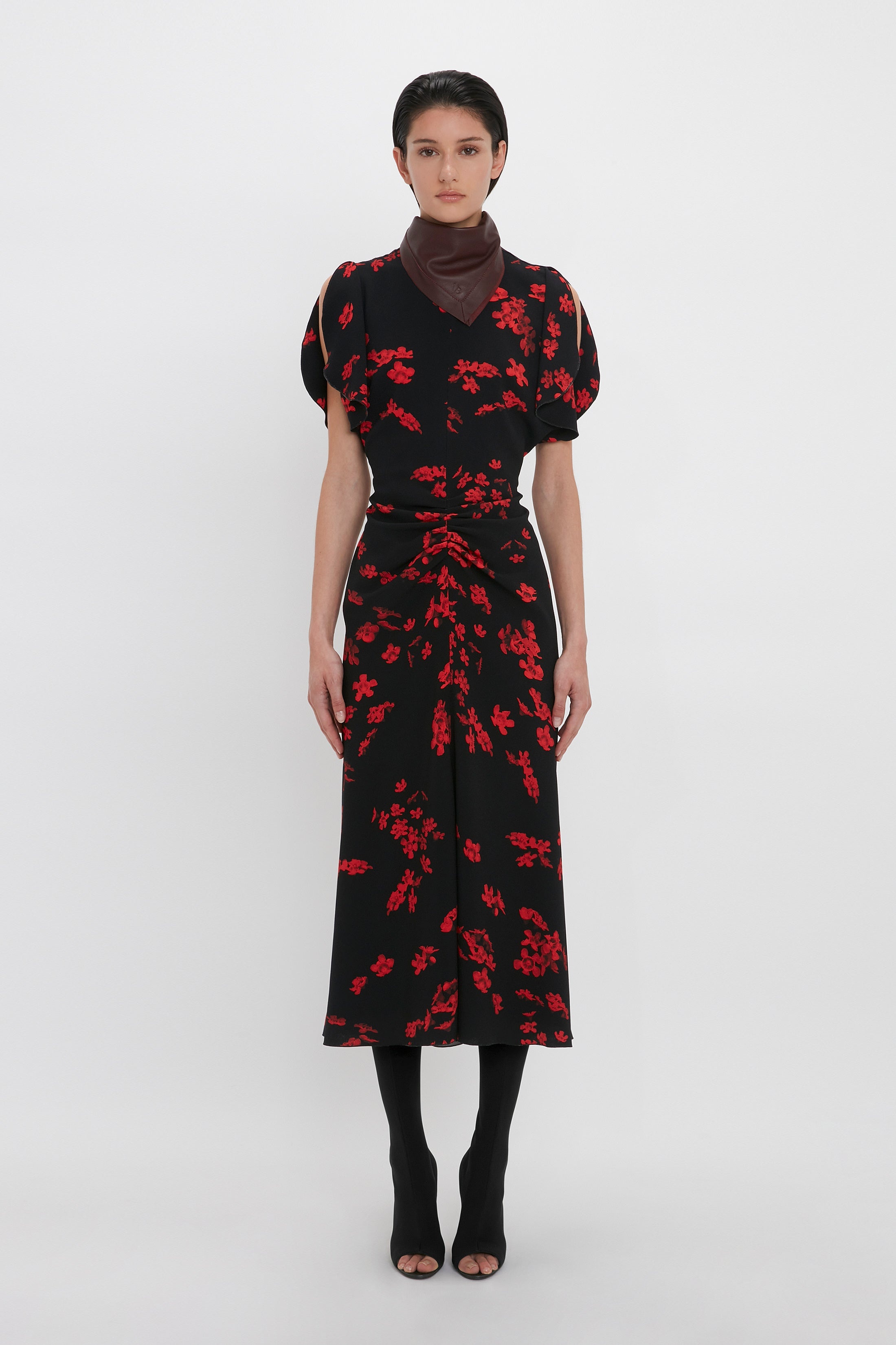 Gathered Waist Midi Dress In Sci-Fi Black Floral - 2