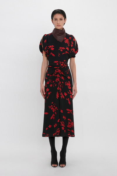 Victoria Beckham Gathered Waist Midi Dress In Sci-Fi Black Floral outlook