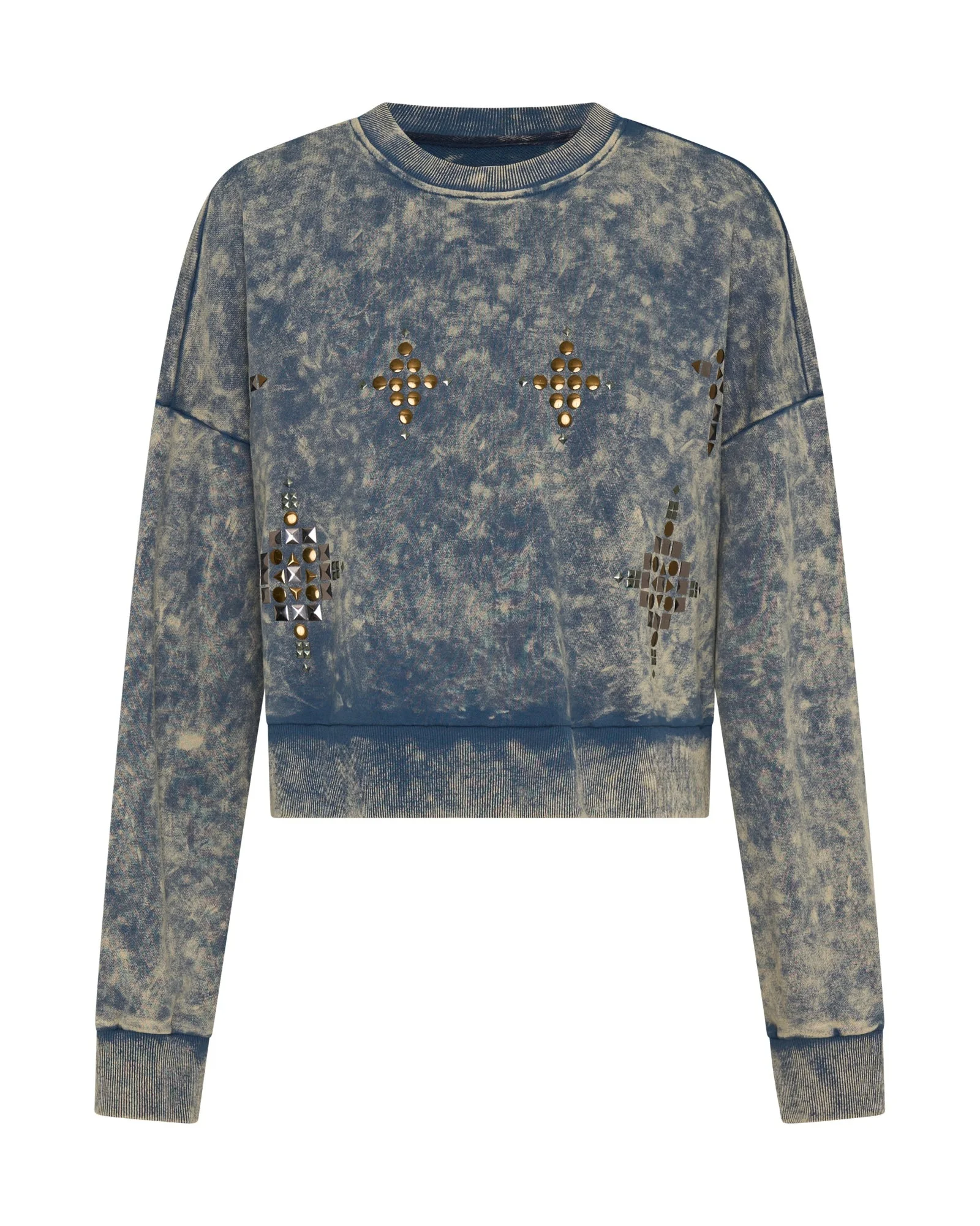 Fleece Cropped Star Studded Sweater - Acid Wash Blue - 1