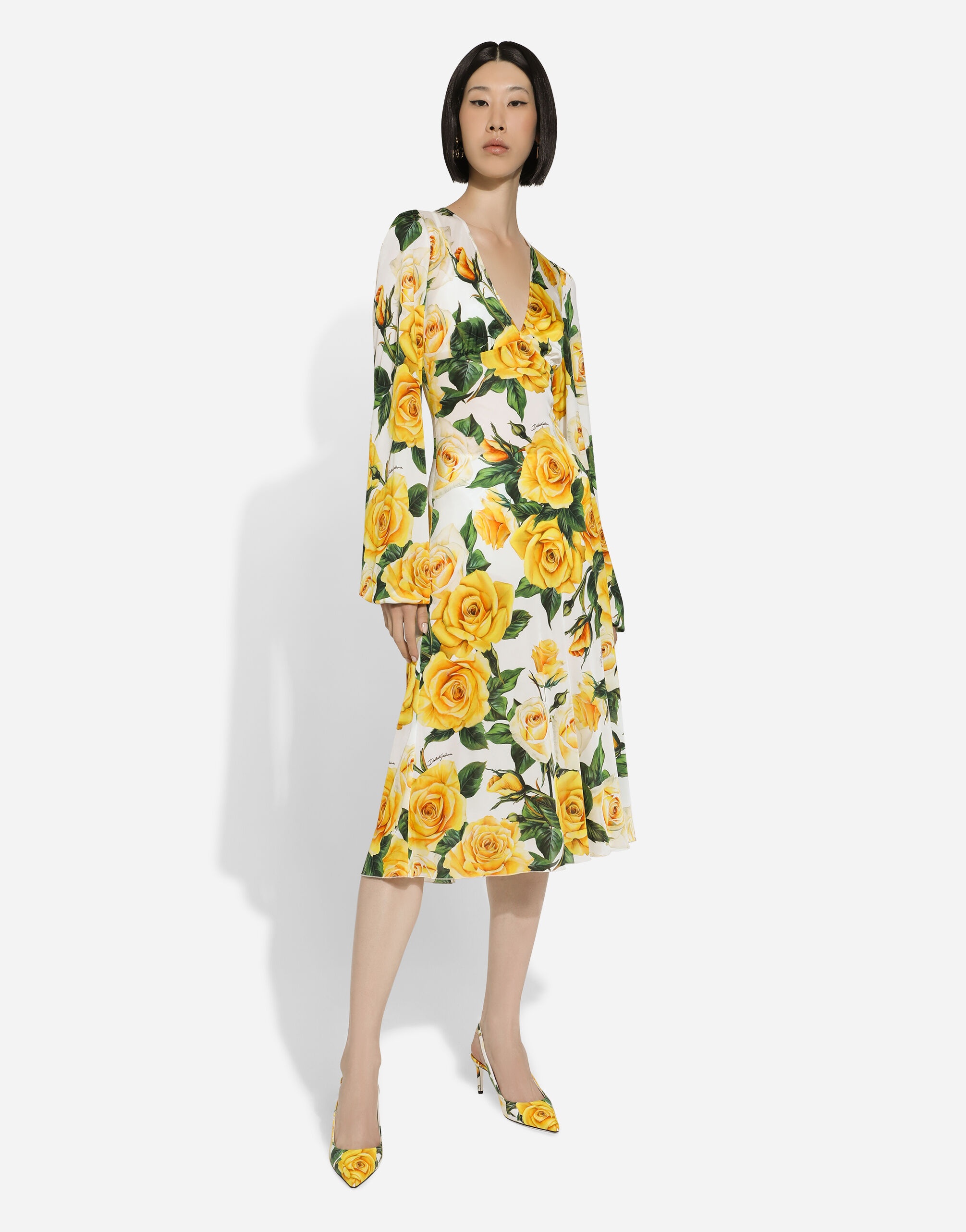 Organzine V-neck dress with yellow rose print - 5
