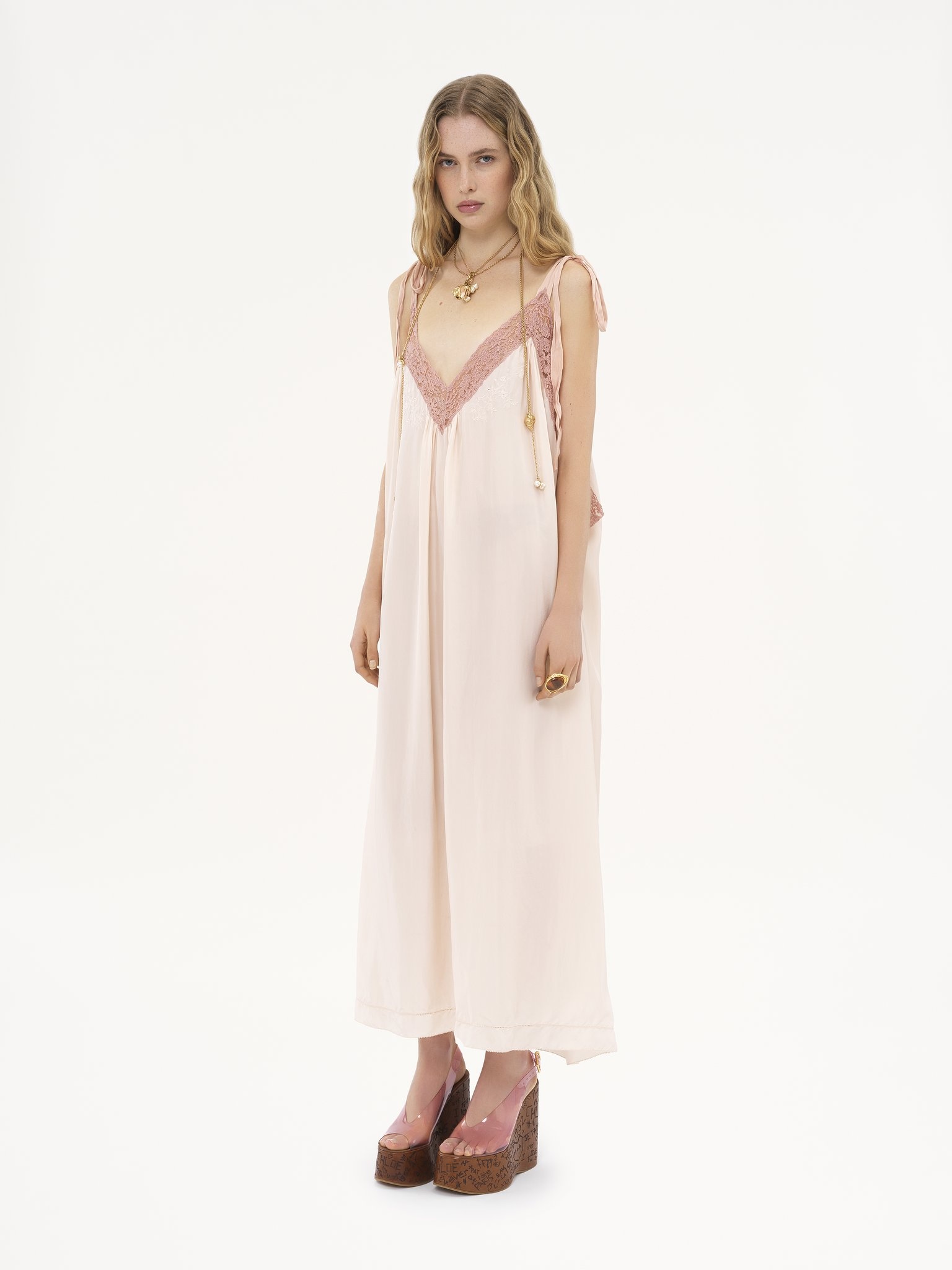 LONG SLIP DRESS IN SILK HABOTAI & LACE - 3