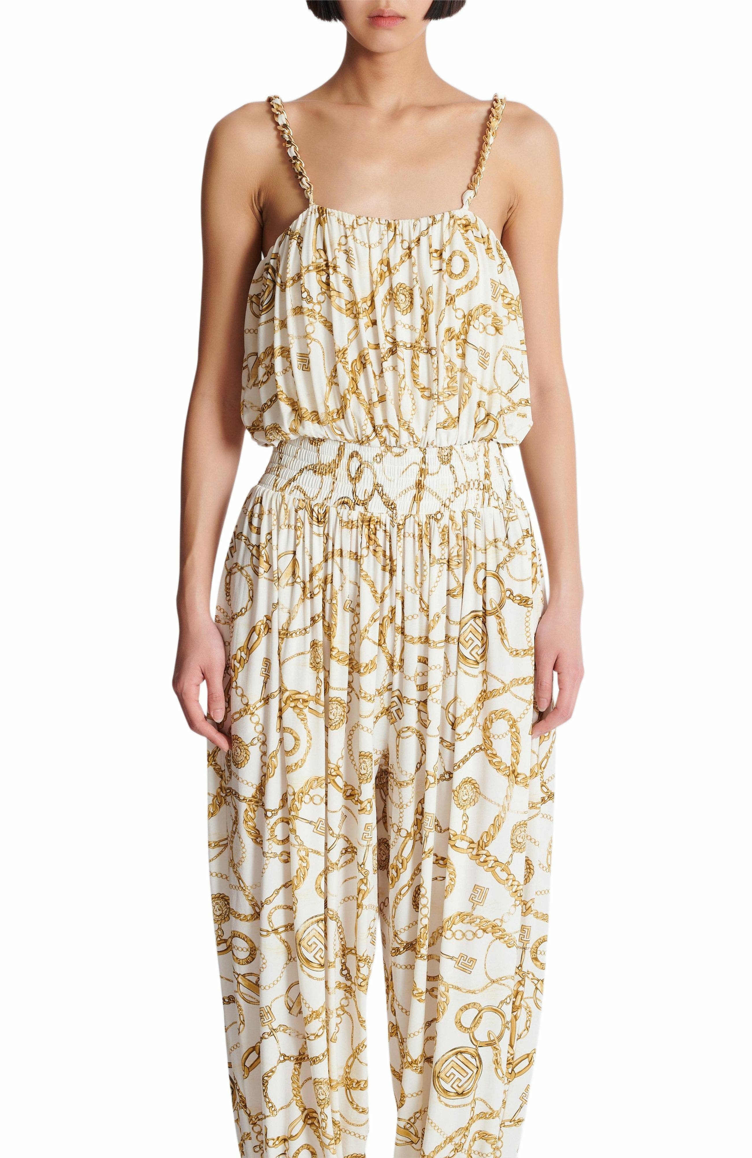 Flowing printed jumpsuit with Balmain Chains pattern in Gold at Nordstrom - 8