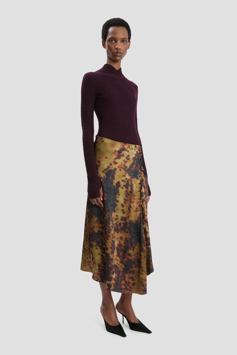 Rouleau Detail Midi Skirt In Olive Brown Print 3