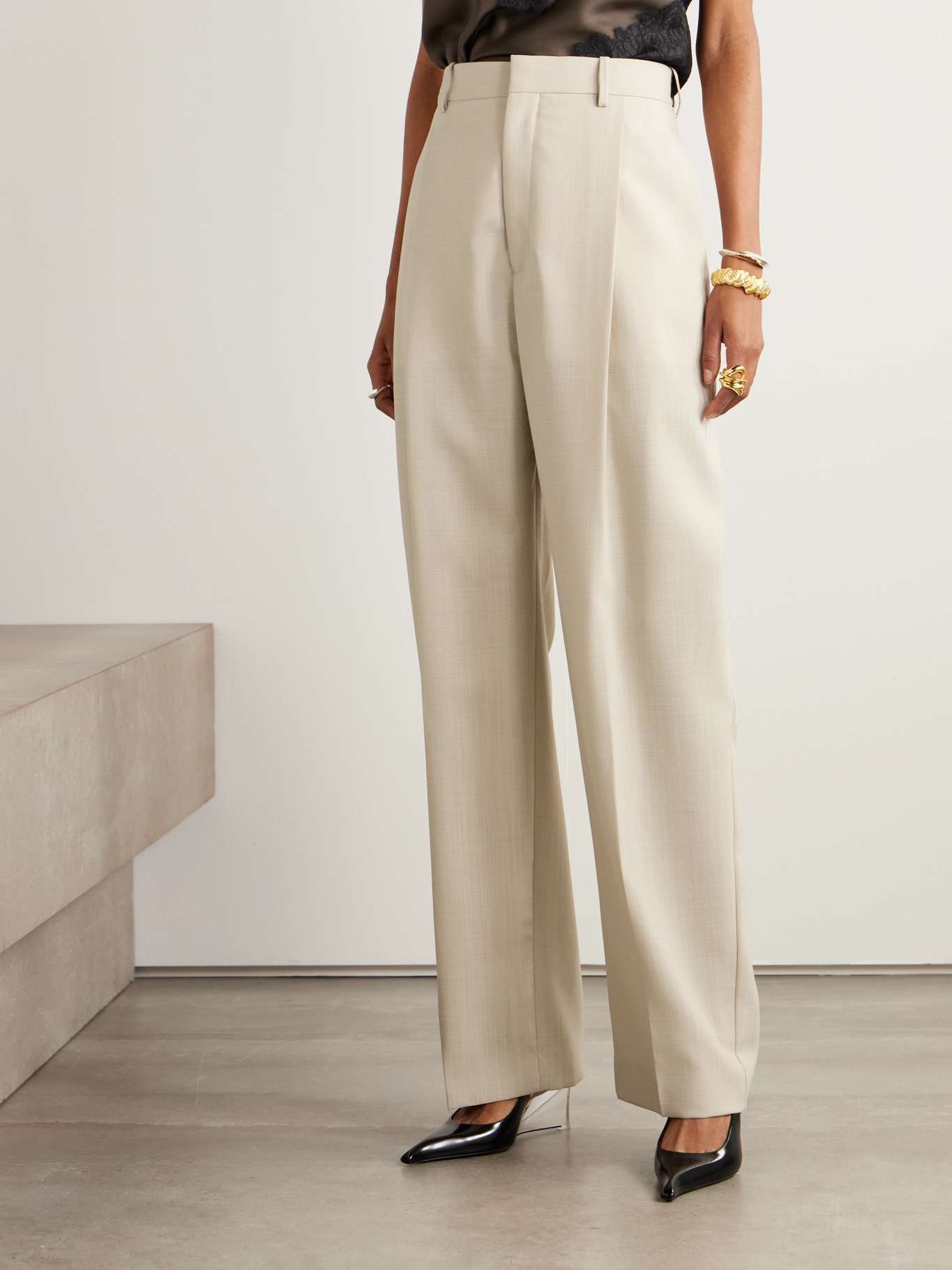 Pleated wool wide-leg pants Sand - 3