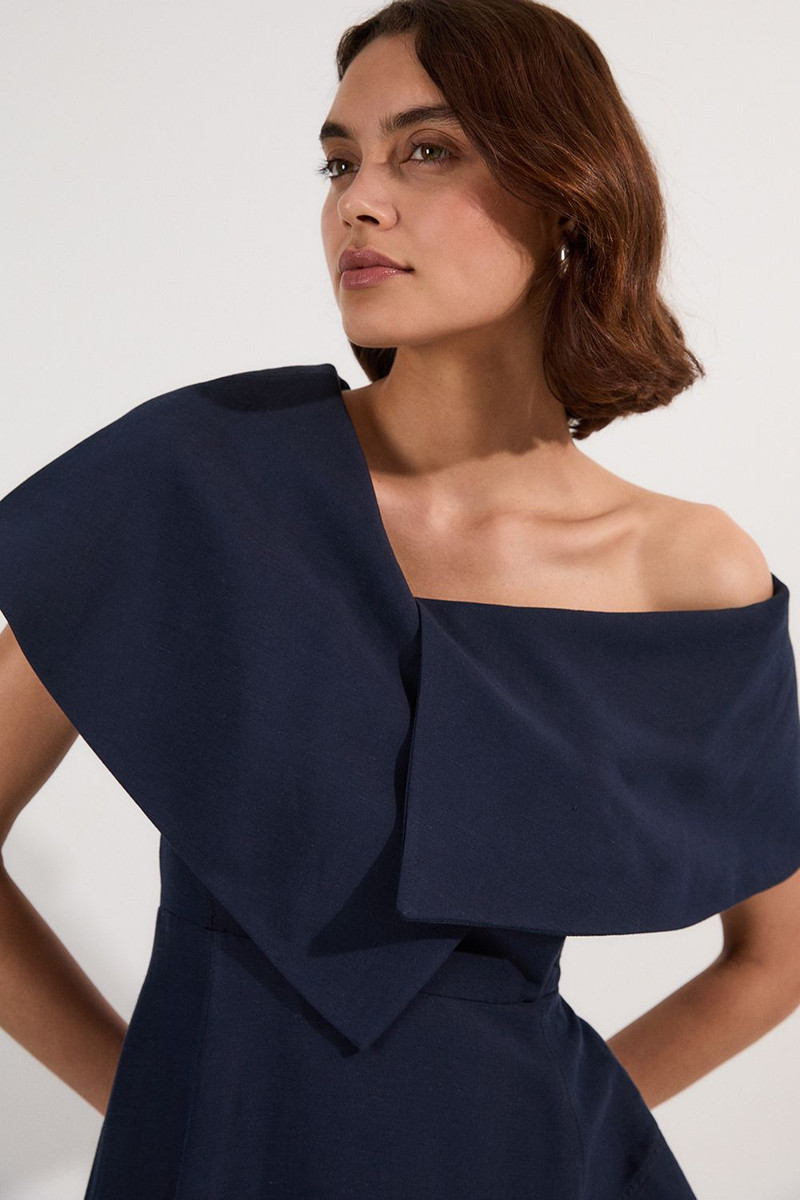 KAREN MILLEN Premium Tailored Linen Asymmetric Shoulder Full Midi Dress outlook