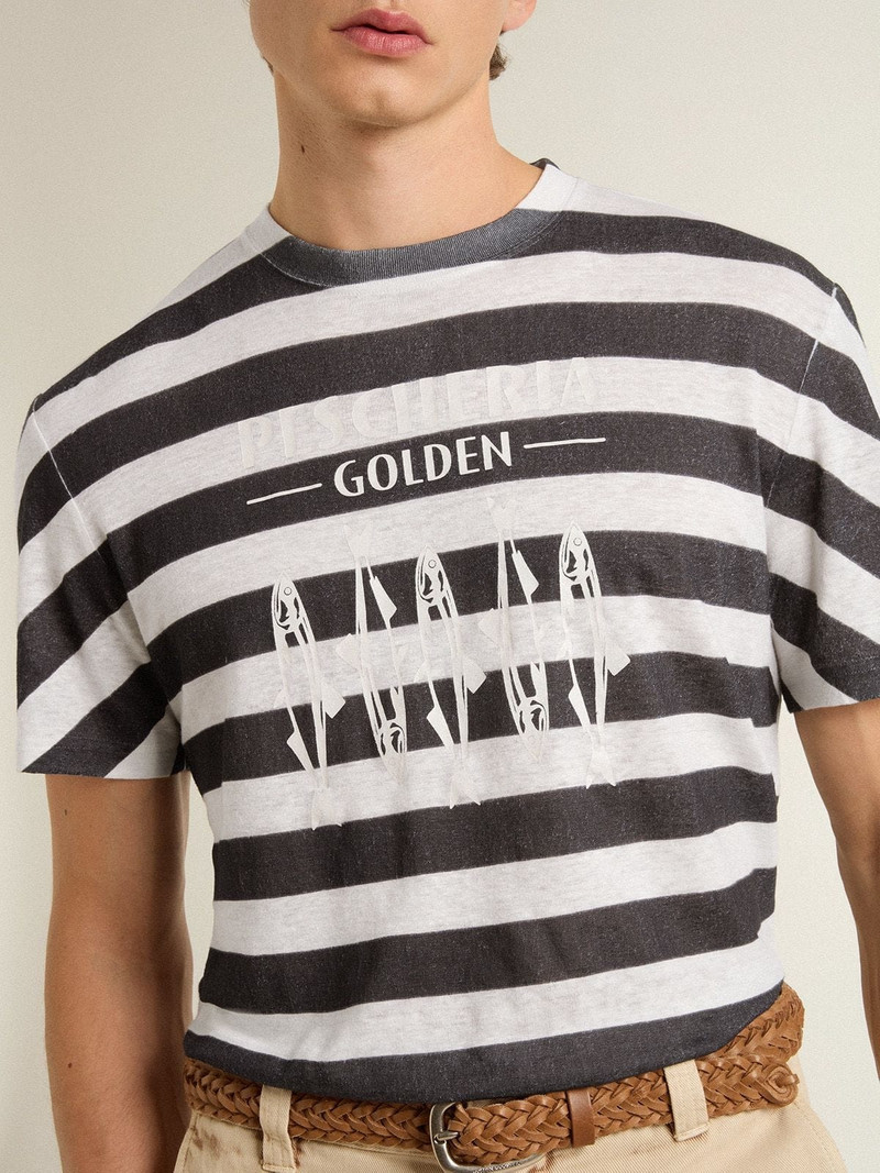 Men's white and blue striped T-shirt with Pescheria Golden print 5