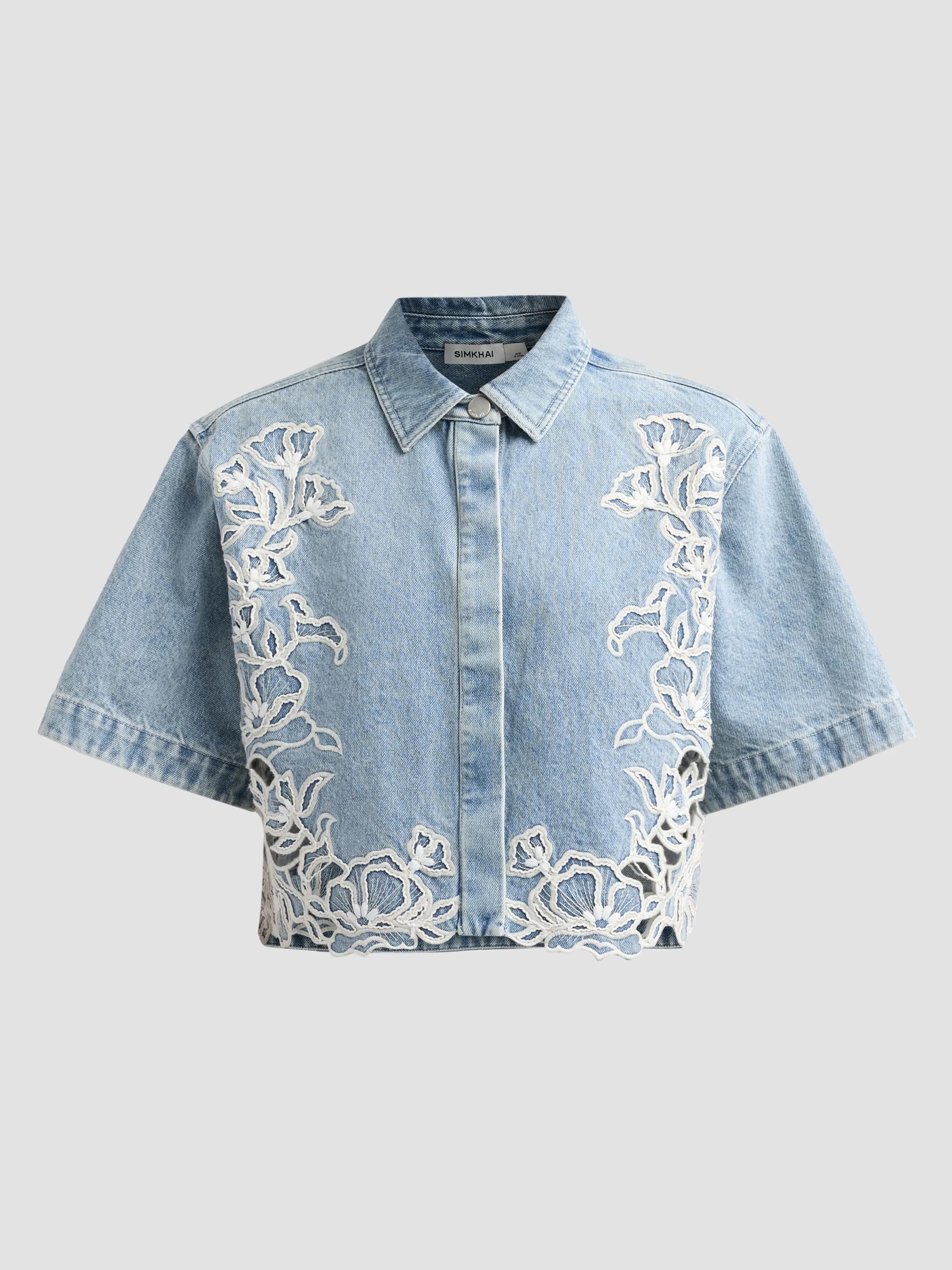 Women's Albaine Floral-Embroidered Denim Shirt - Light Indigo - 1