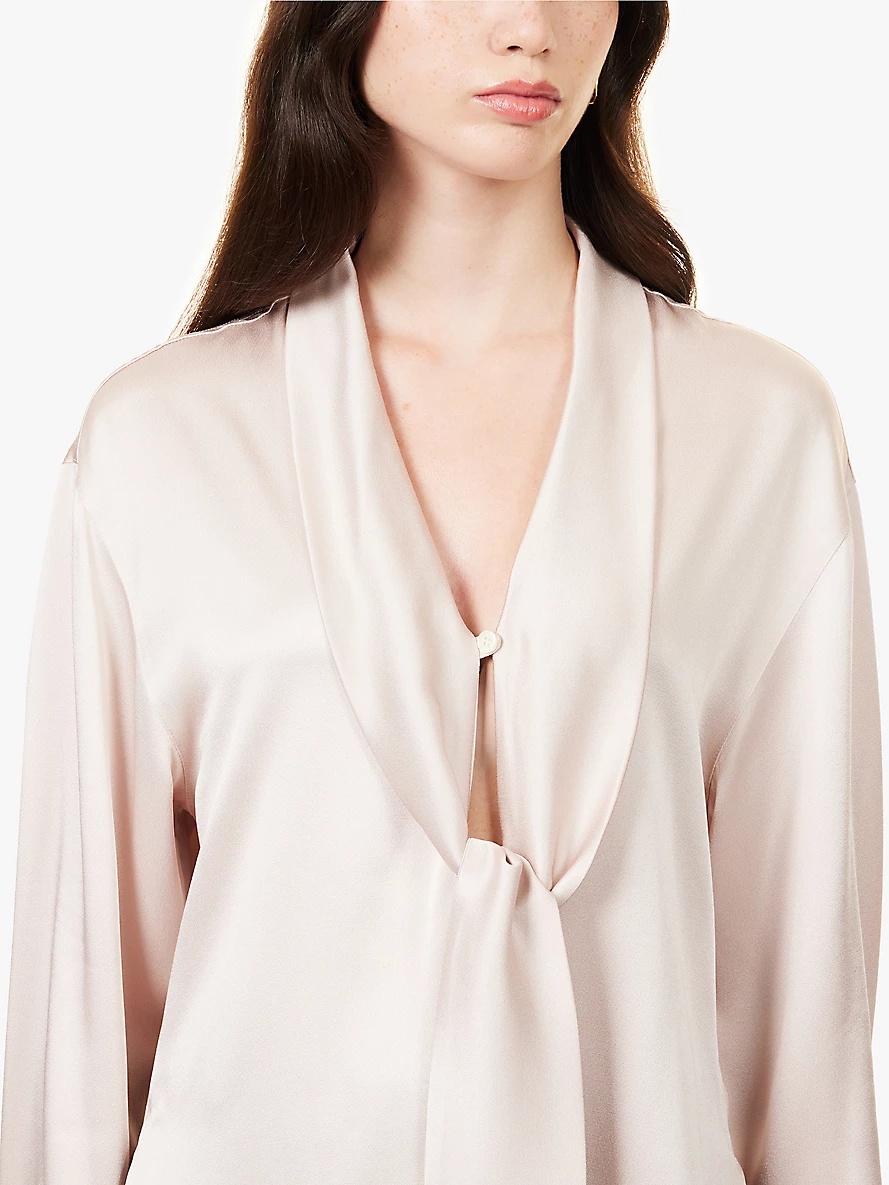 Self-tie-fastening shawl-collar woven-blend blouse - 5