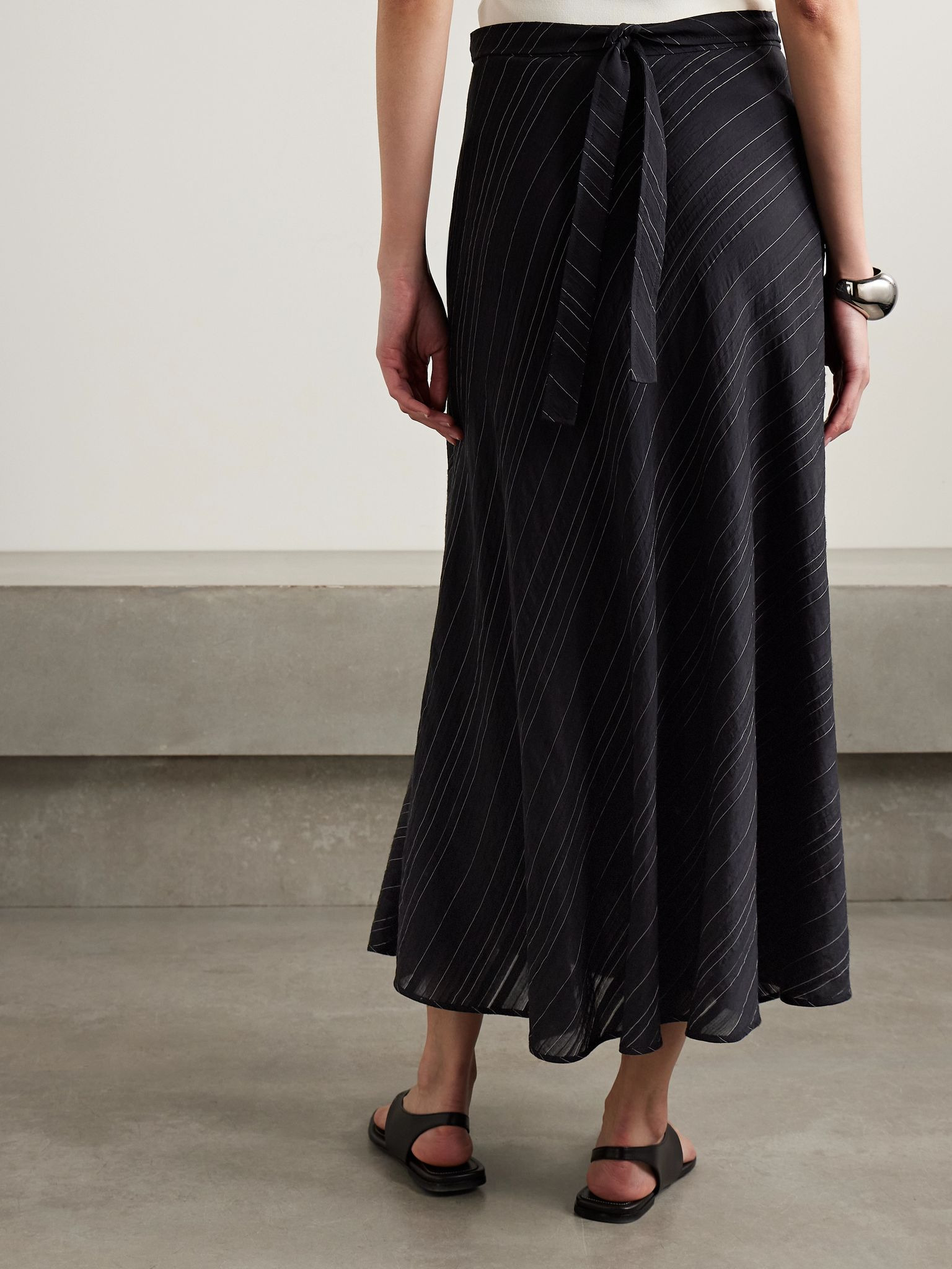 Kaia belted striped voile midi skirt Black - 4