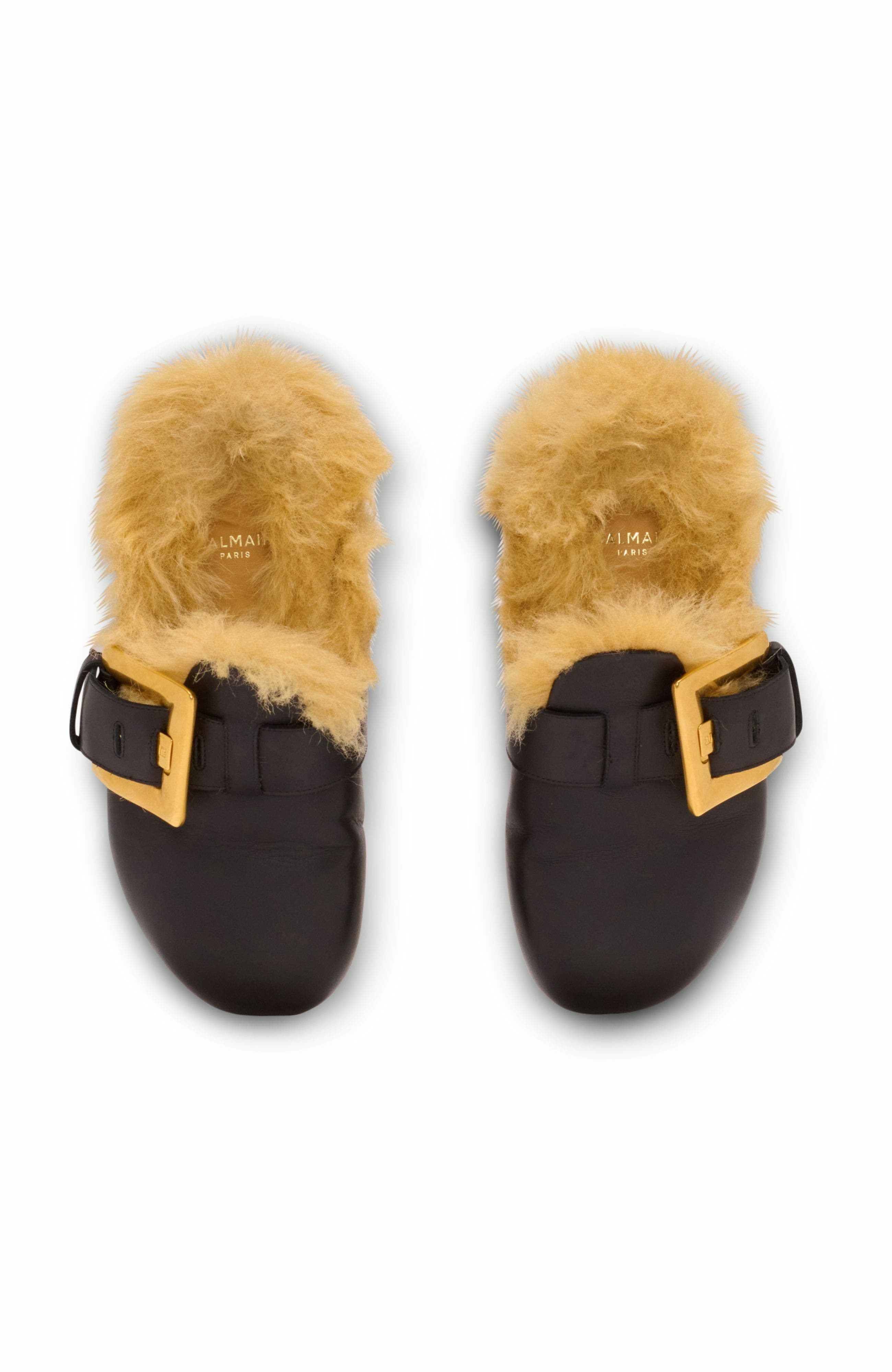 Balmain Flat leather and faux fur mules in Black at Nordstrom - 5