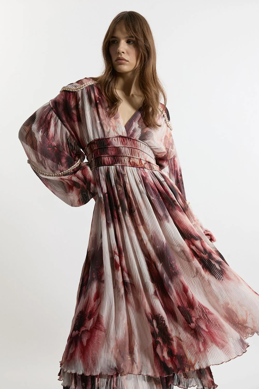 Crinkle Floral Woven Midi Dress With Balloon Sleeve And Embellishment - 1