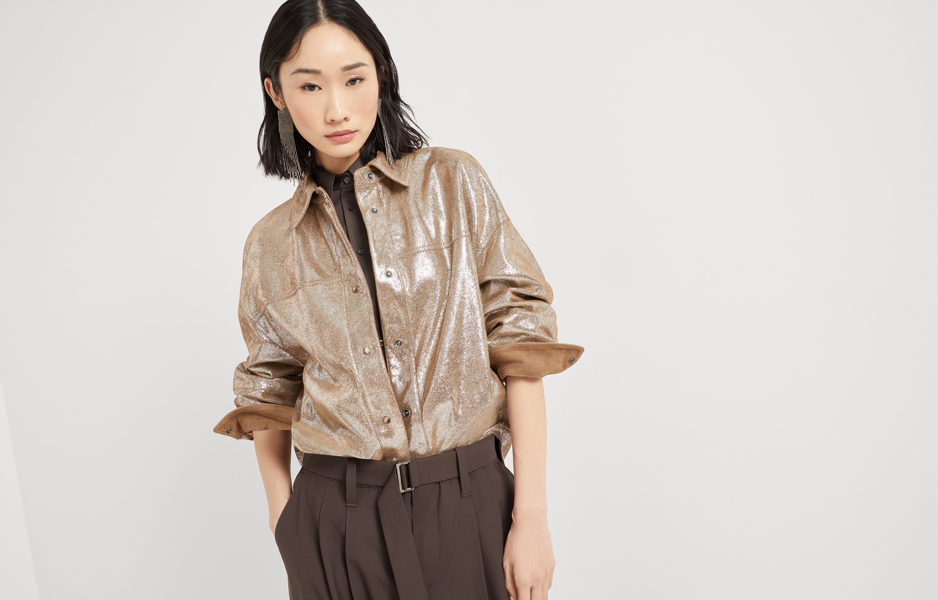 Lamé nappa leather shirt with monili - 6