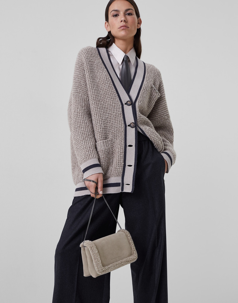Brunello Cucinelli Nubuck city bag with shearling trims and precious chain outlook