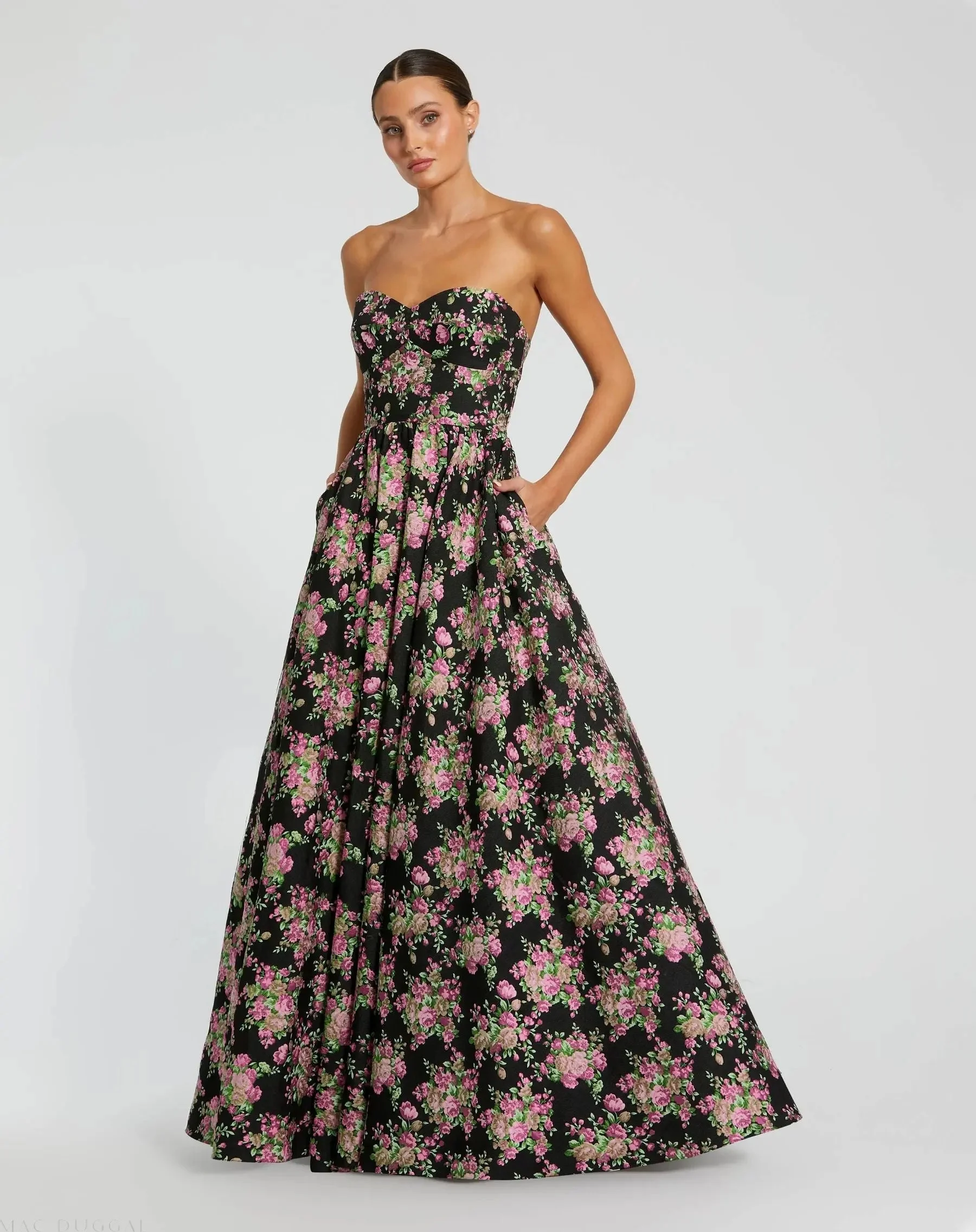 Black Strapless Sweetheart Brocade Floral Ball Gown - 1