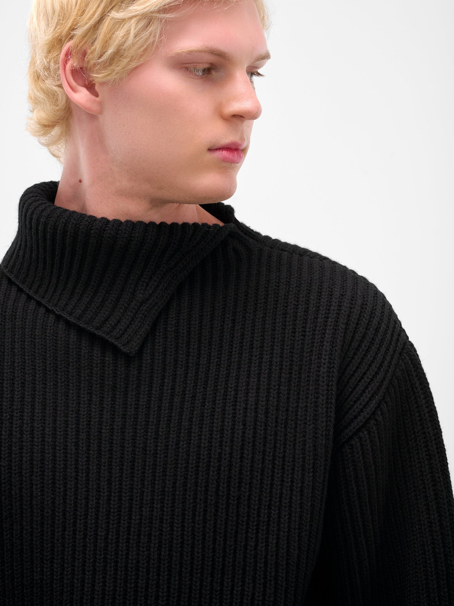 Black Turtleneck Collar Rib-Knit Sweater - 4