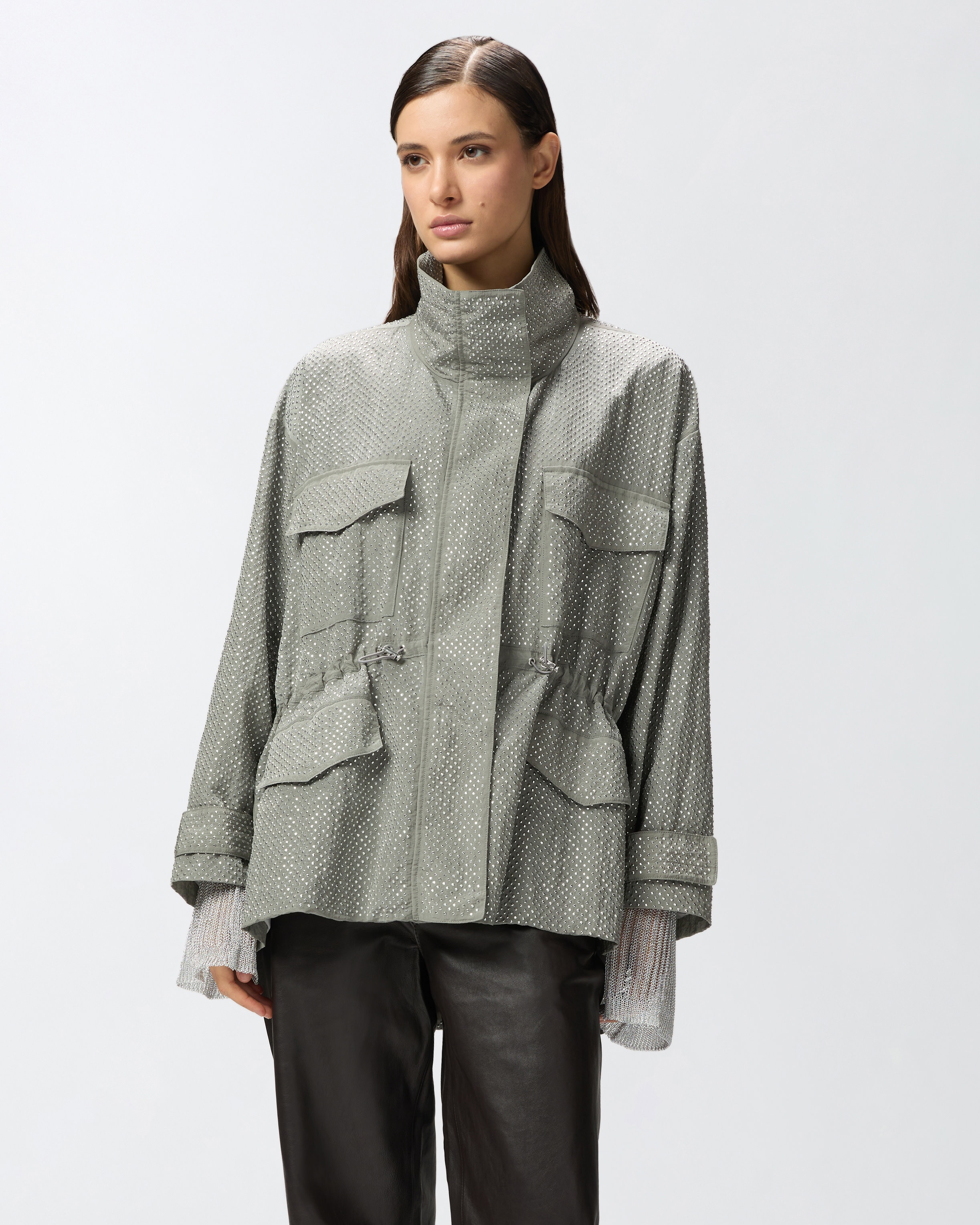 【PINKO】Technical parka with rhinestone-effect mini studs PINKO TECHNICAL PARKA WITH RHINESTONE-EFFECT MINI STUDS
