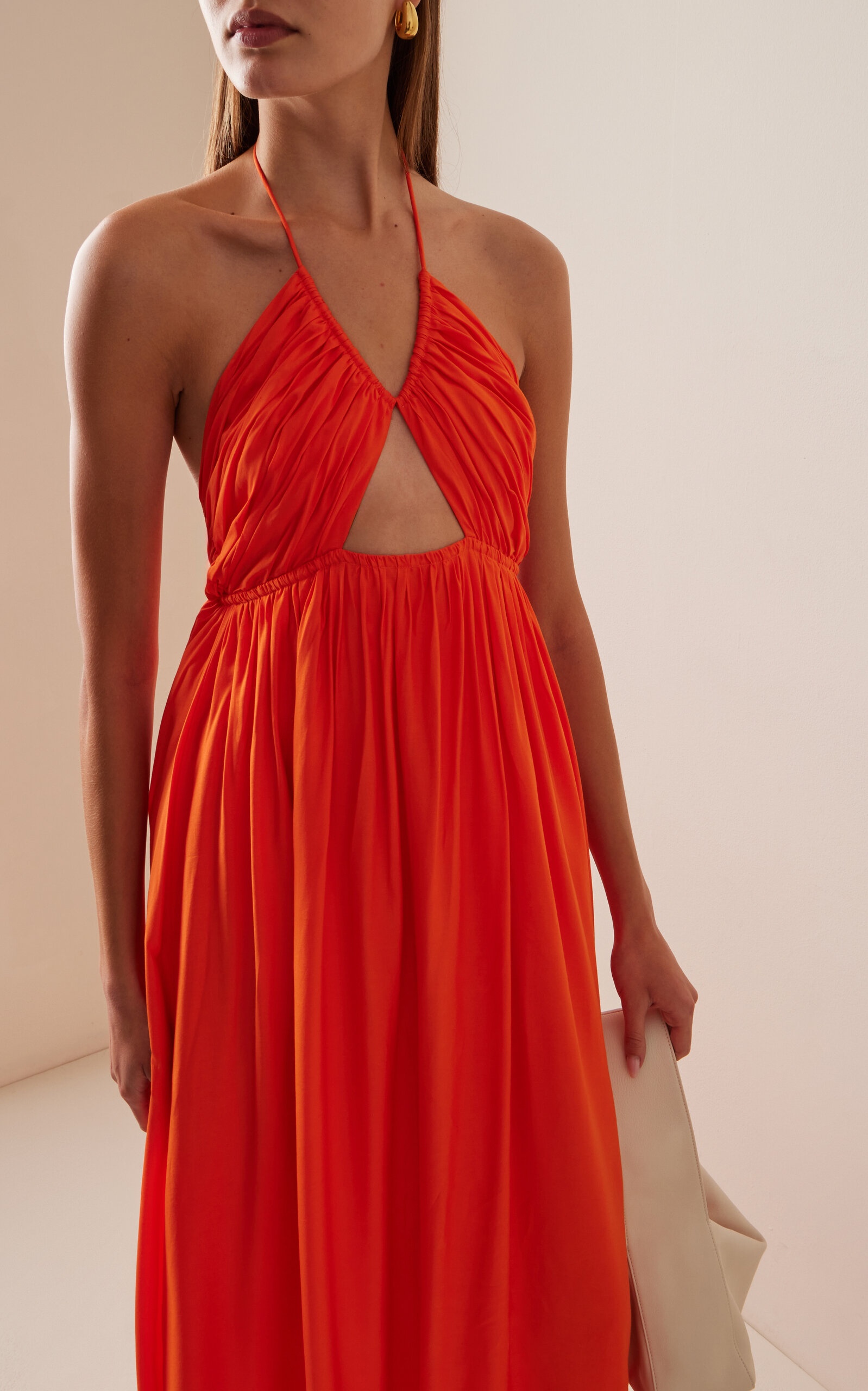 Oleander Gathered Satin Maxi Halter Dress orange - 2