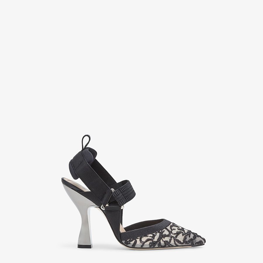 Black embroidered mesh high-heeled slingbacks - 1