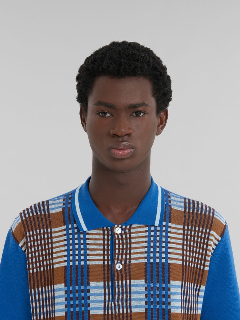 BLUE AND BROWN CHECKED COTTON POLO SHIRT 4