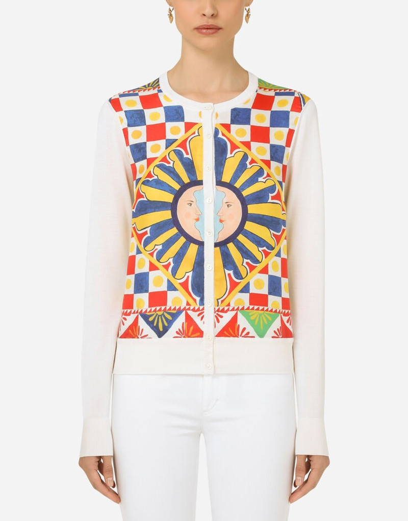 Carretto-print silk and twill cardigan 1