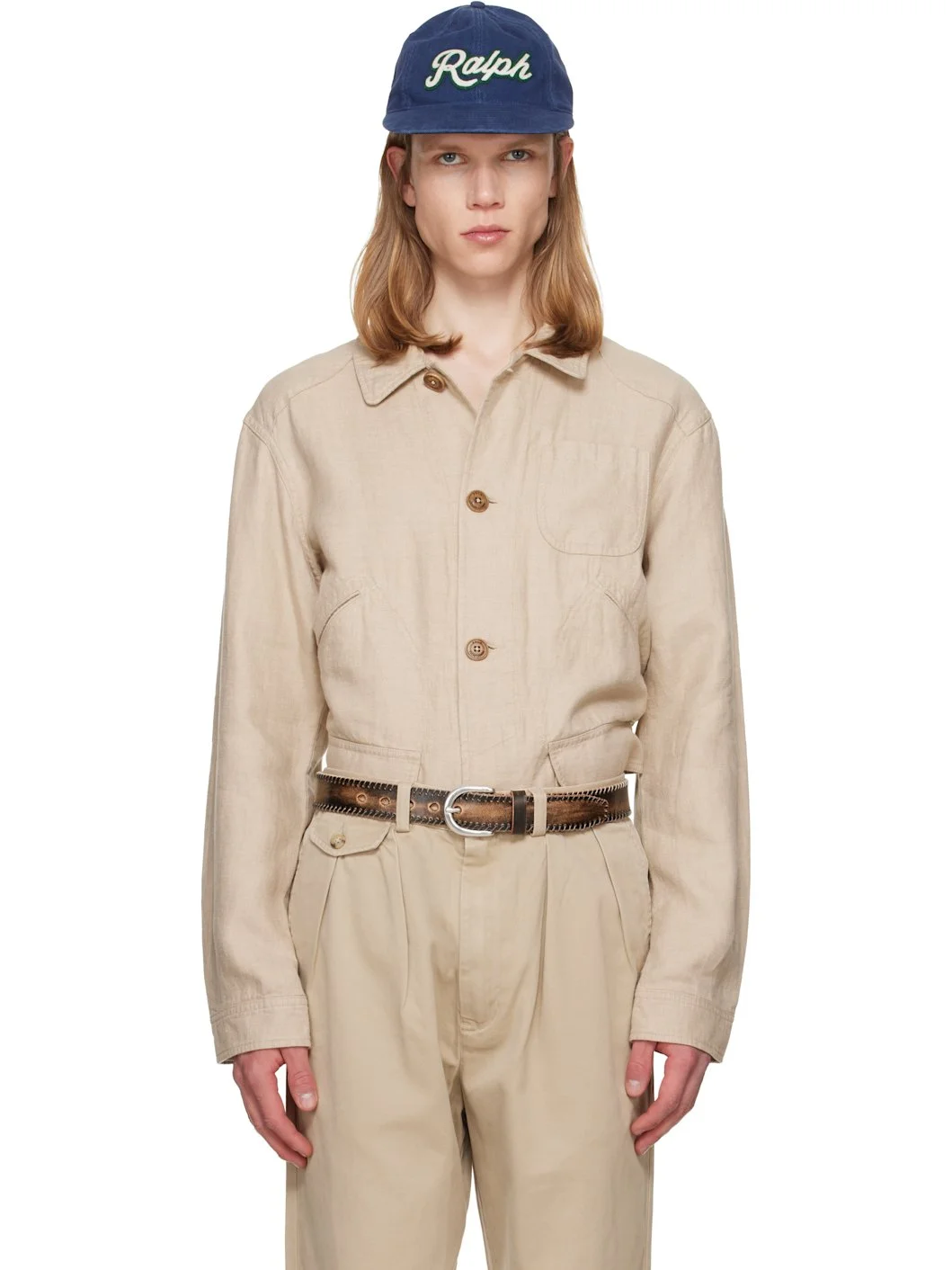 Beige Linen Herringbone Utility Jacket - 1