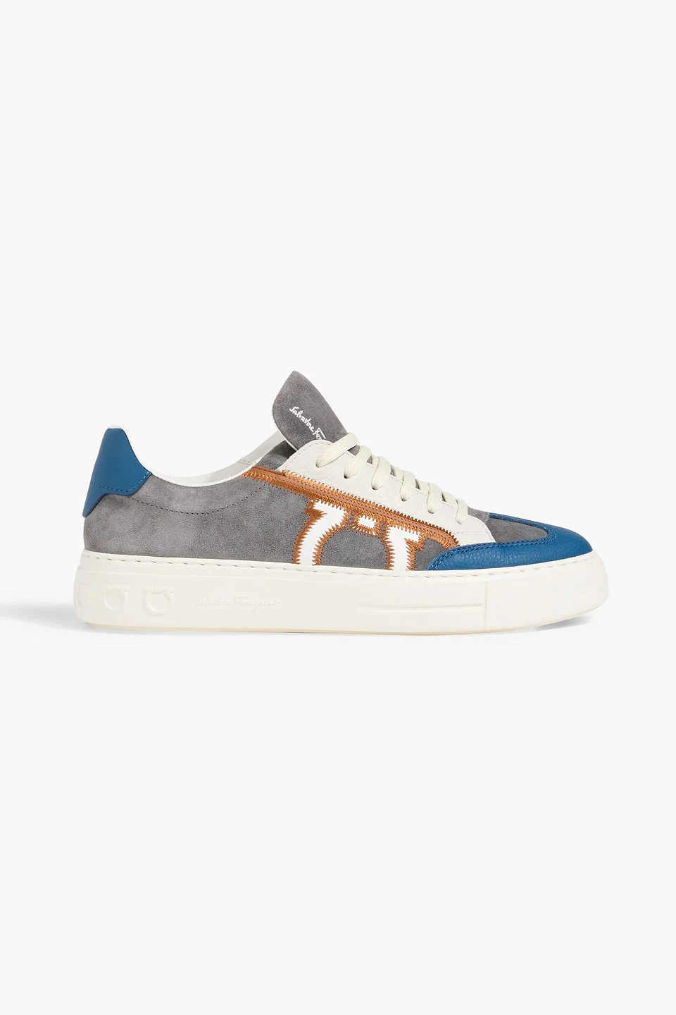 Gancini embroidered suede and pebbled-leather sneakers - 1