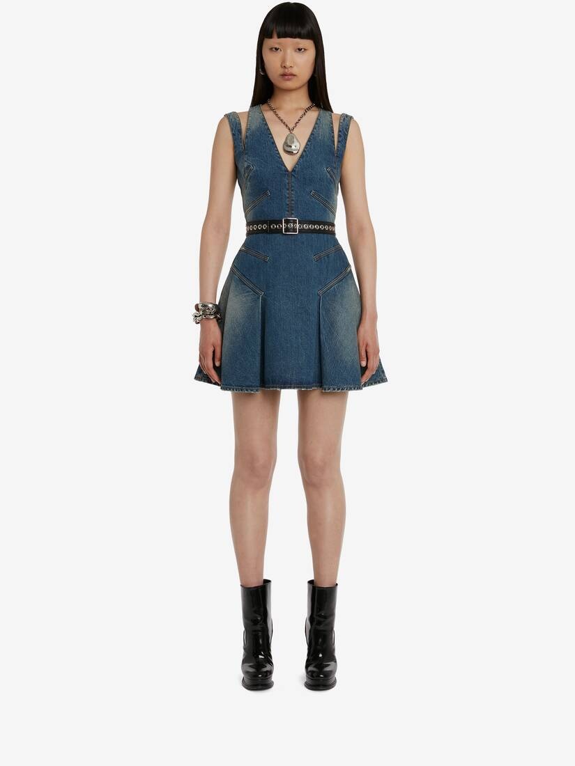 Women's Panelled Denim Mini Dress in Blue - 2