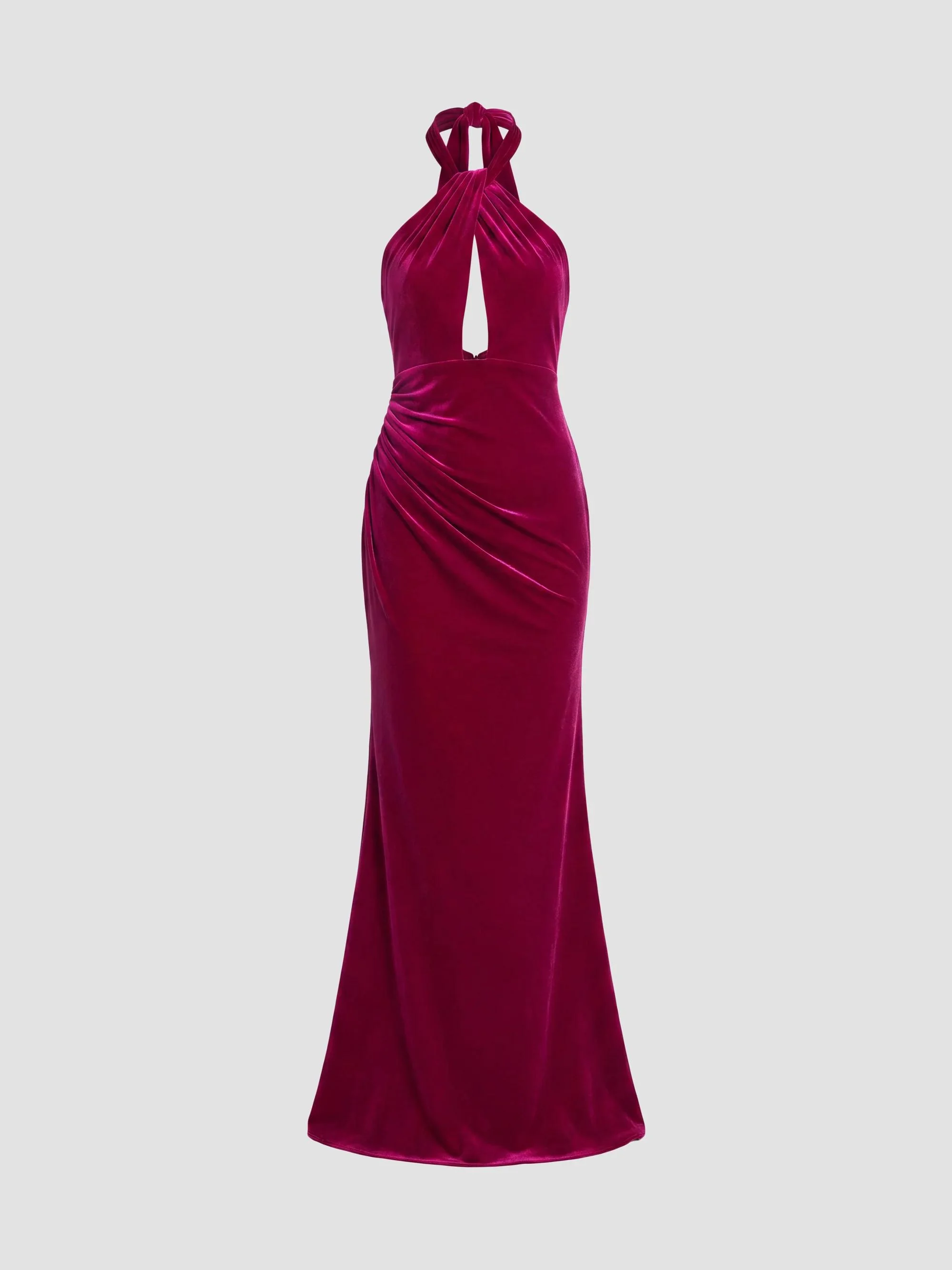 Women's Draped Velvet Halter Column Gown - Berry - 1
