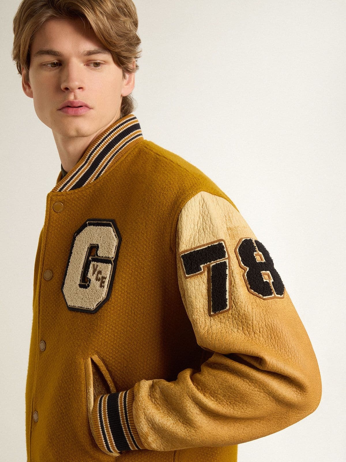 Ochre yellow wool bomber jacket with leather sleeves - 5