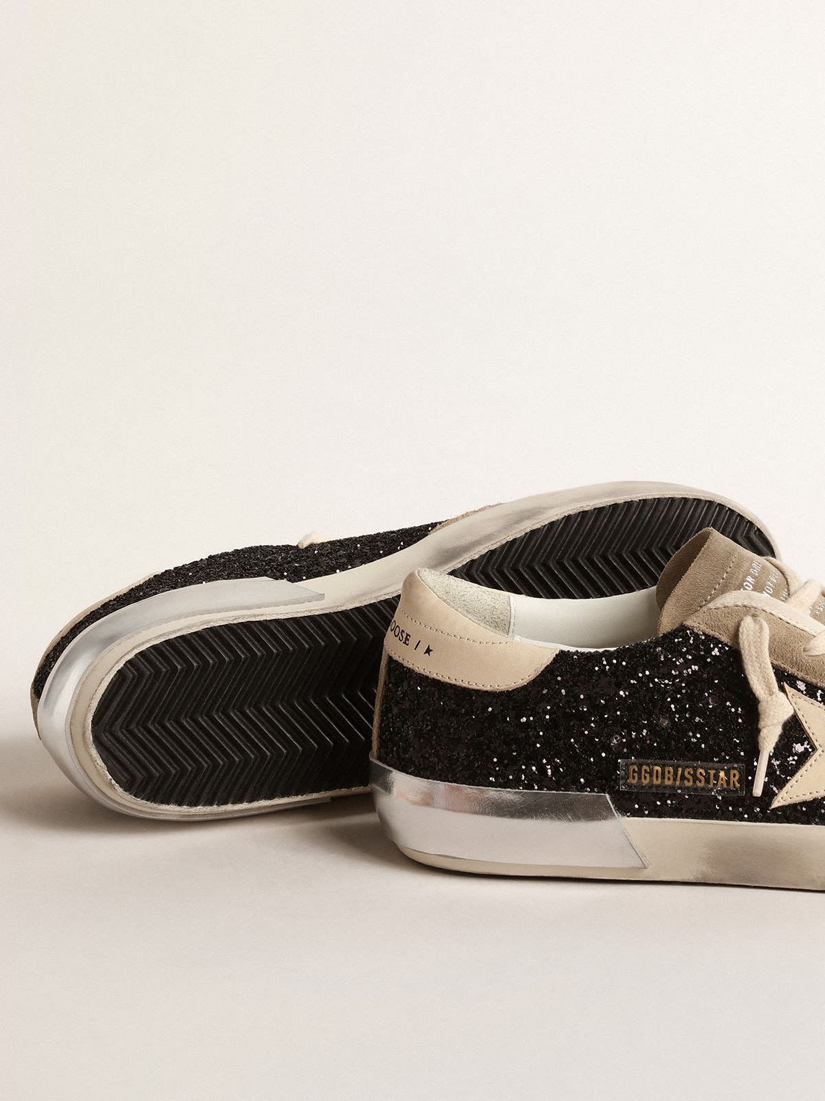 Golden Goose Super-Star in black glitter with cream star and suede inserts  | REVERSIBLE