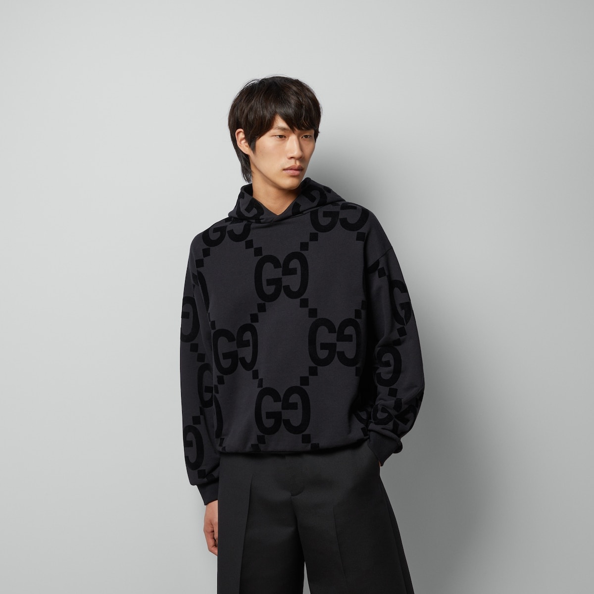 GUCCI GG flocked print cotton fleece sweatshirt | REVERSIBLE