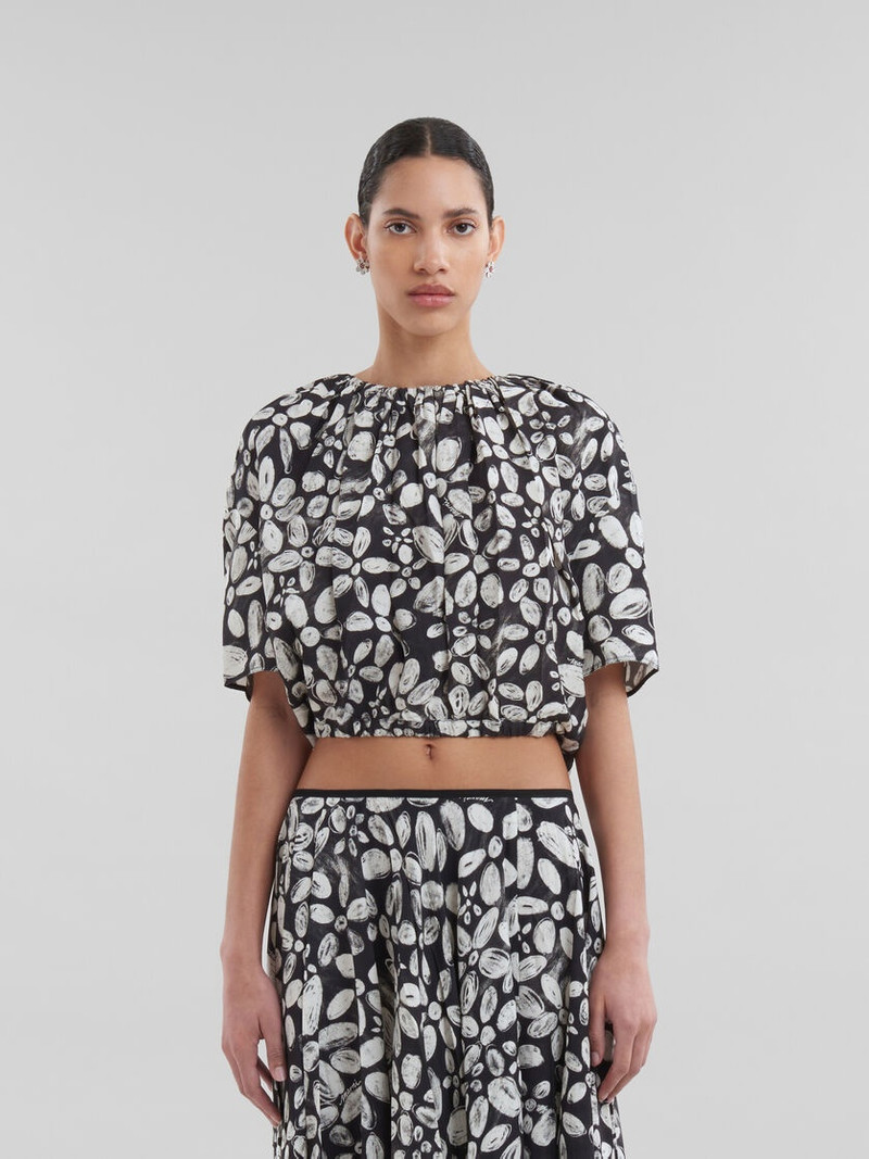 Marni BLACK SATIN-BACK CRÊPE TOP WITH BLOOMING PRINT outlook