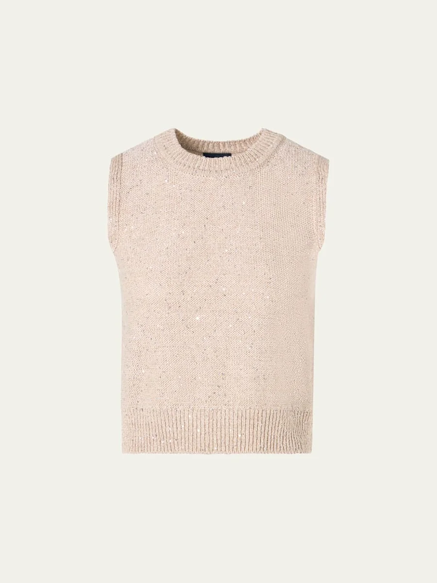 Linen-Cotton Micro Sequin Sleeveless Knit Top - 1