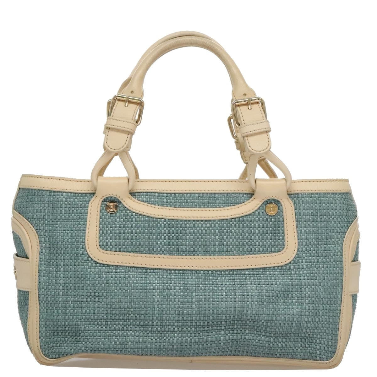 CELINE Hand Bag Straw Leather Blue Cream Gold - 13