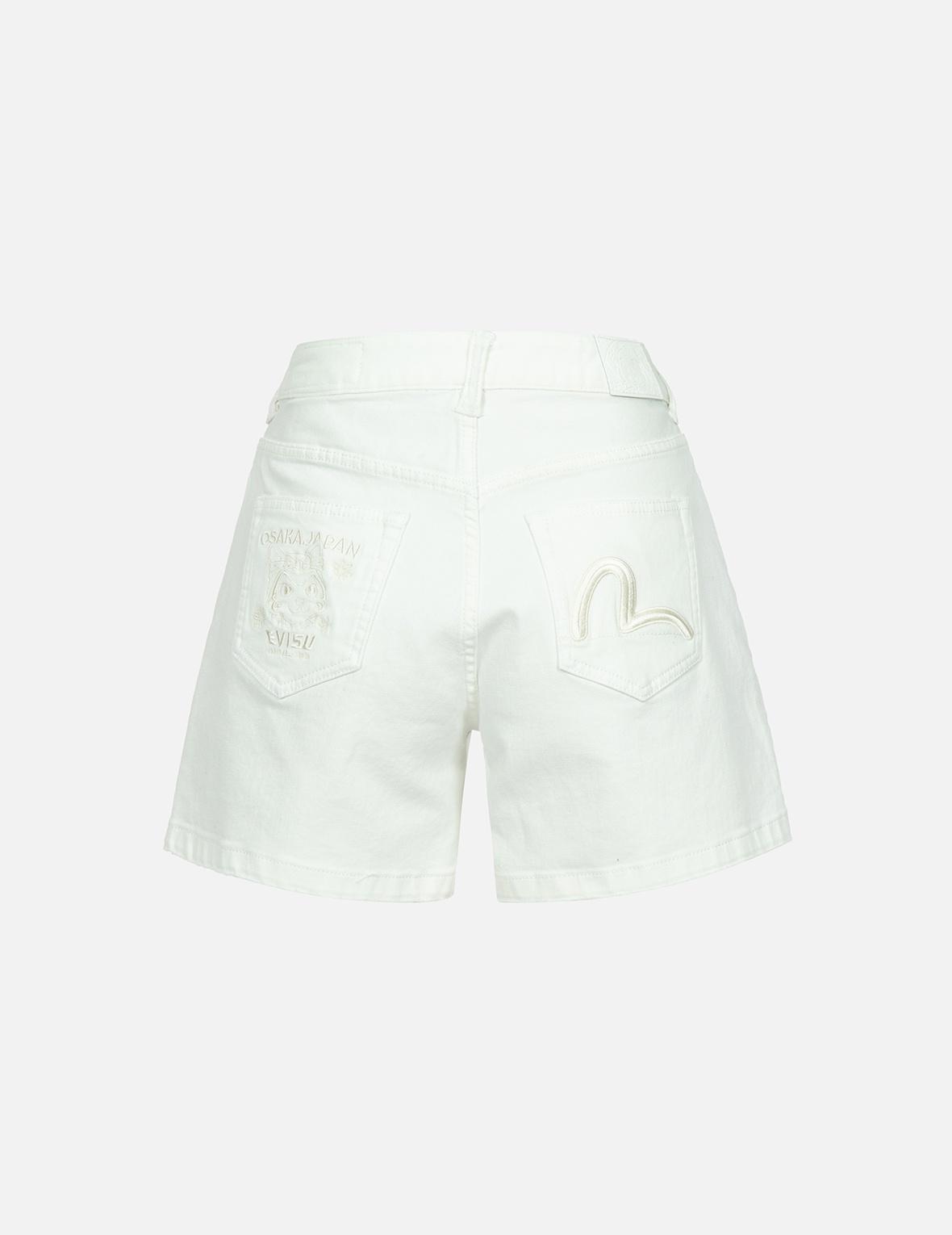 LUCKY CAT AND SEAGULL EMBROIDERY WHITE DENIM SHORTS - 1