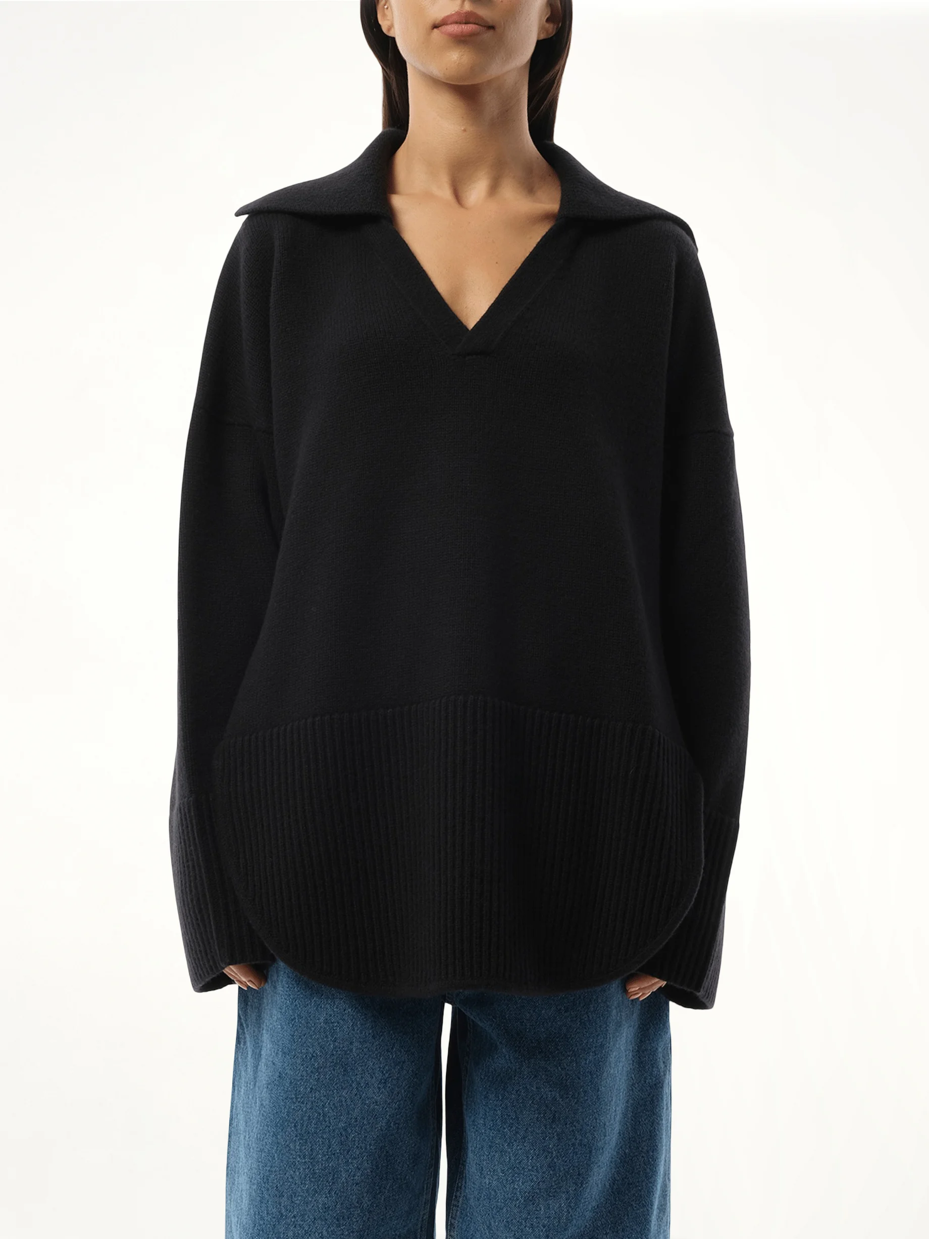 V-Neck Polo Sweater in Black - 1