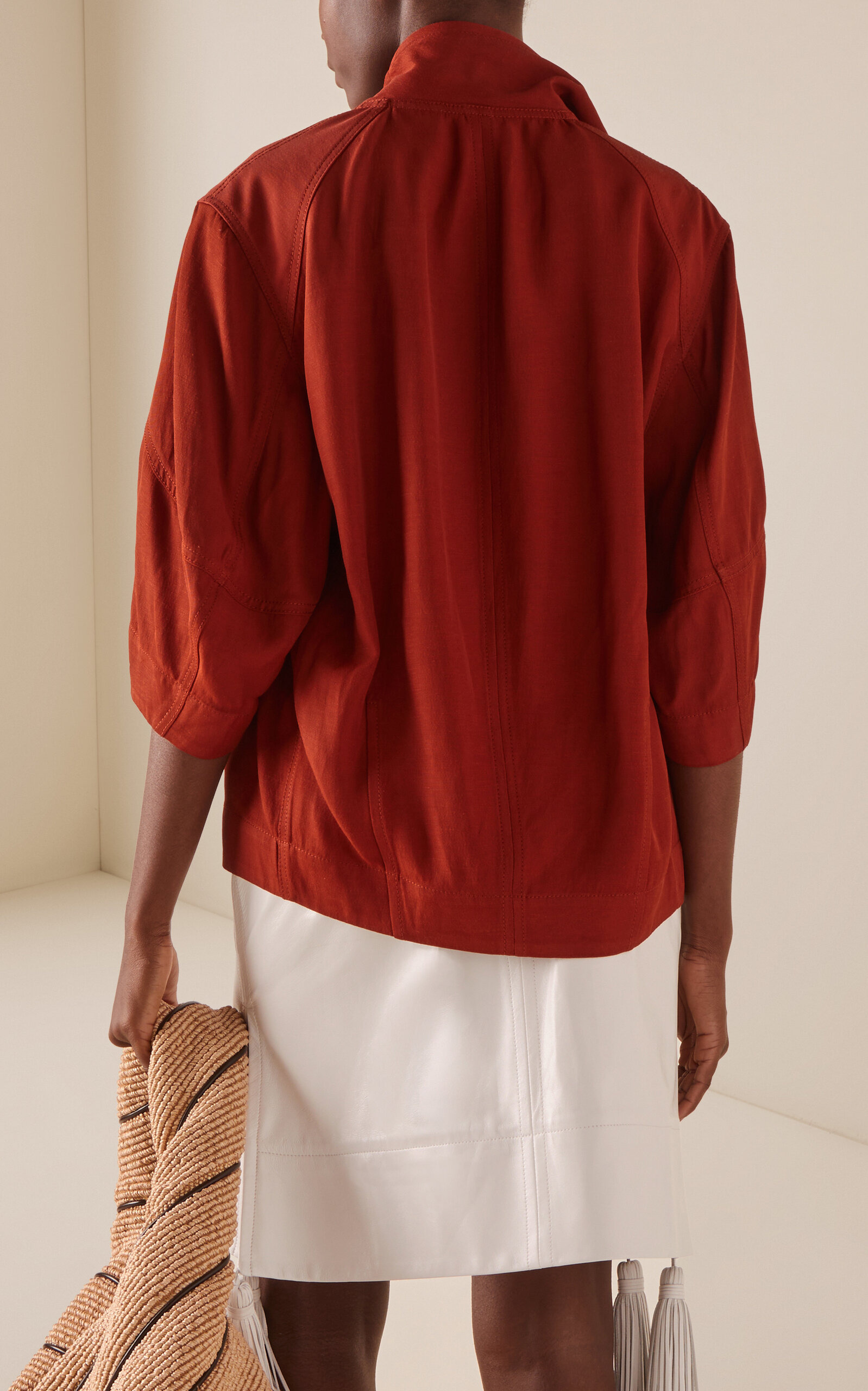 Leather-Trimmed Linen-Blend Cocoon Shirt red - 4