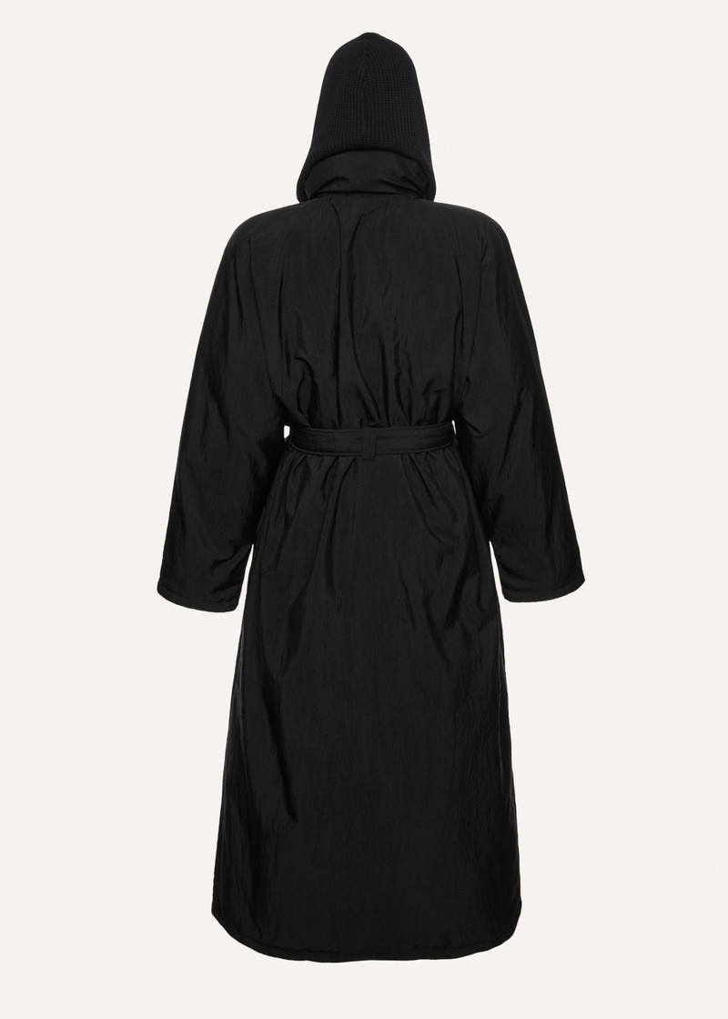 Knit hood long puffer coat in black 2