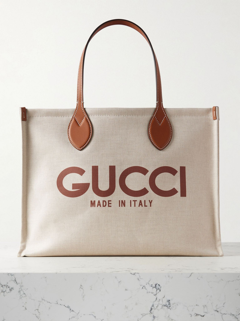 Leather-trimmed printed canvas tote Brown 1