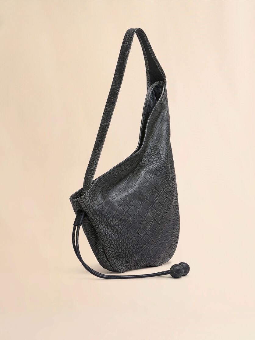 SMALL BLACK CROCODILE PRINT HOBO BAG - 5