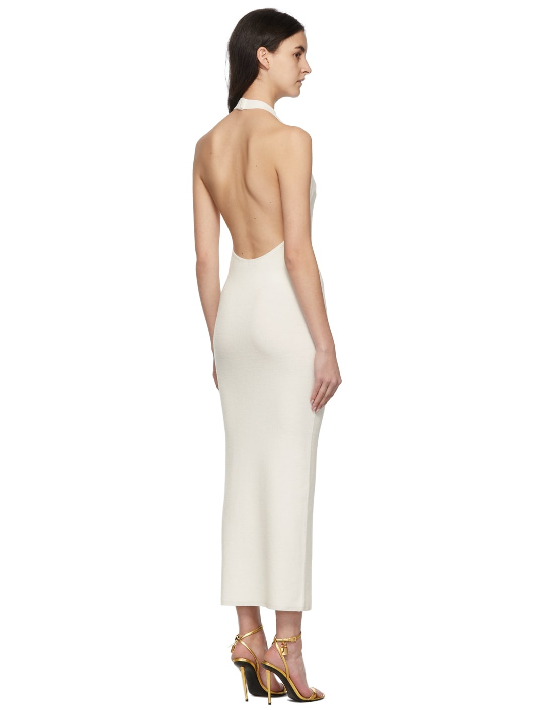 White Rib Knit Halter Dress - 3