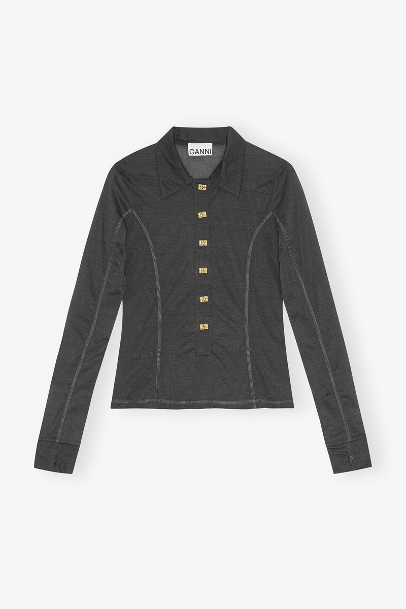 BLACK SHEER MESH JERSEY BUTTONED TOP 1