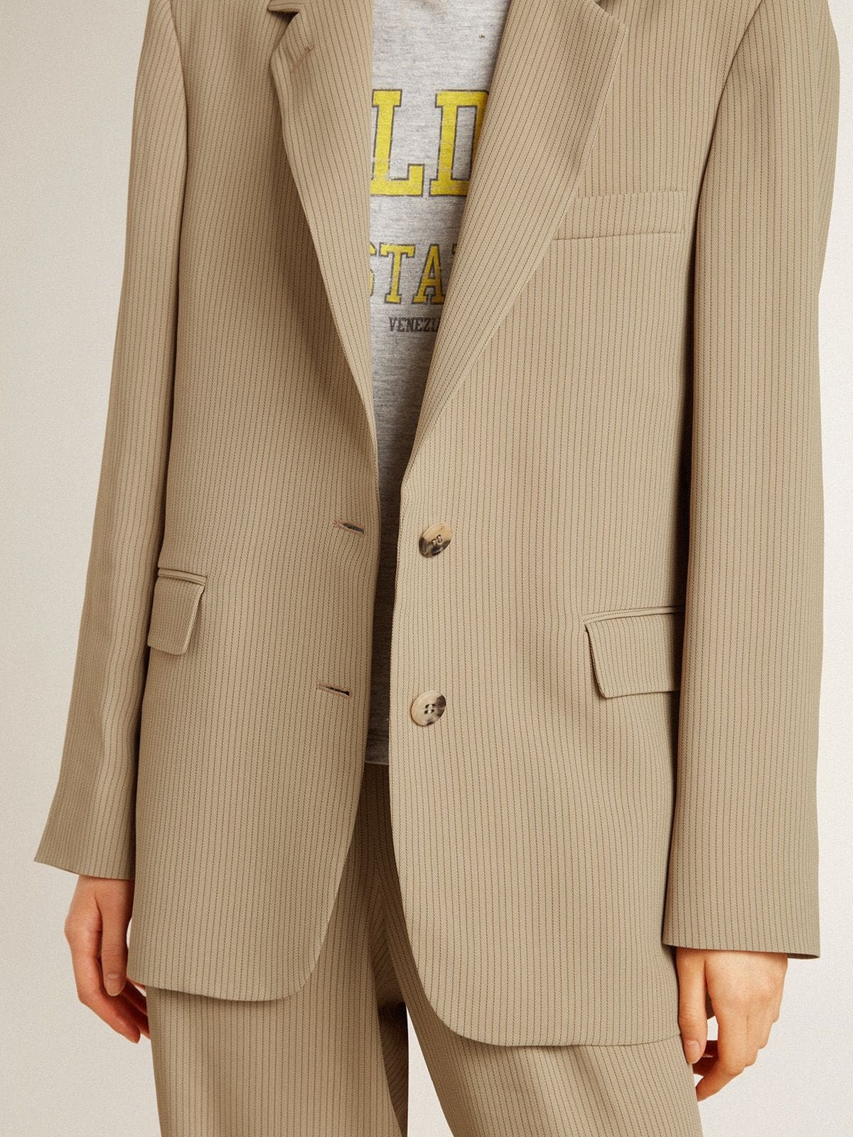 Women's beige pinstripe single-breasted jacket with an oversized fit - 6