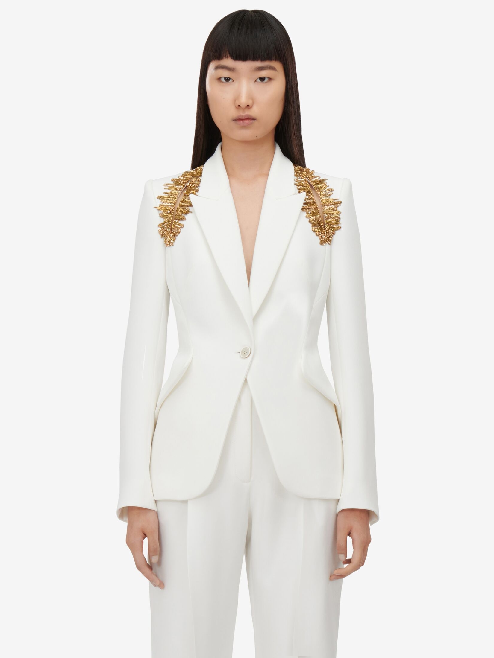 Women's Peak Shoulder Leaf Crepe Jacket in Light Ivory - 5