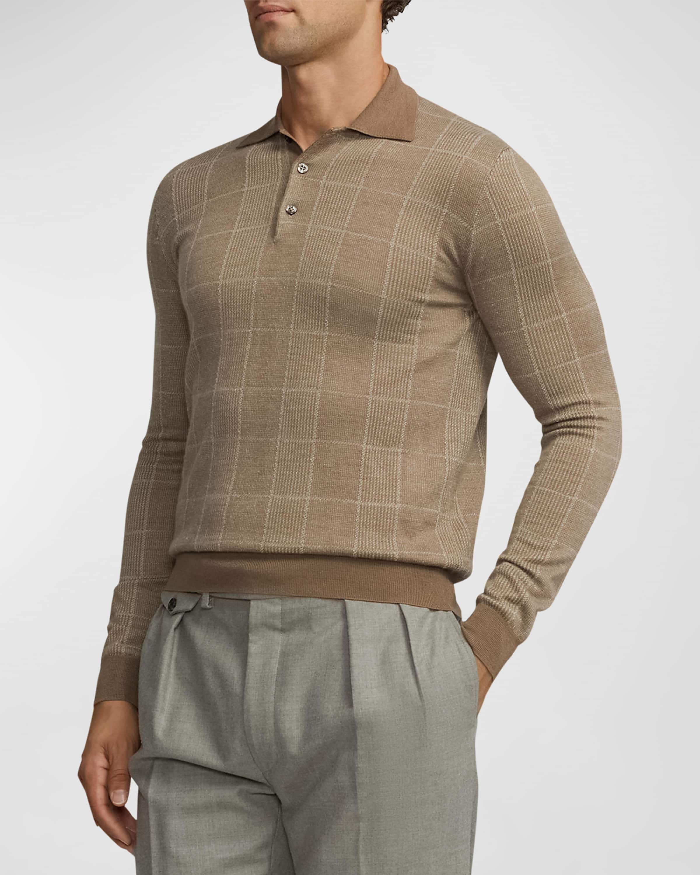 Men's Glen Plaid Cashmere-Silk Polo Sweater - 4