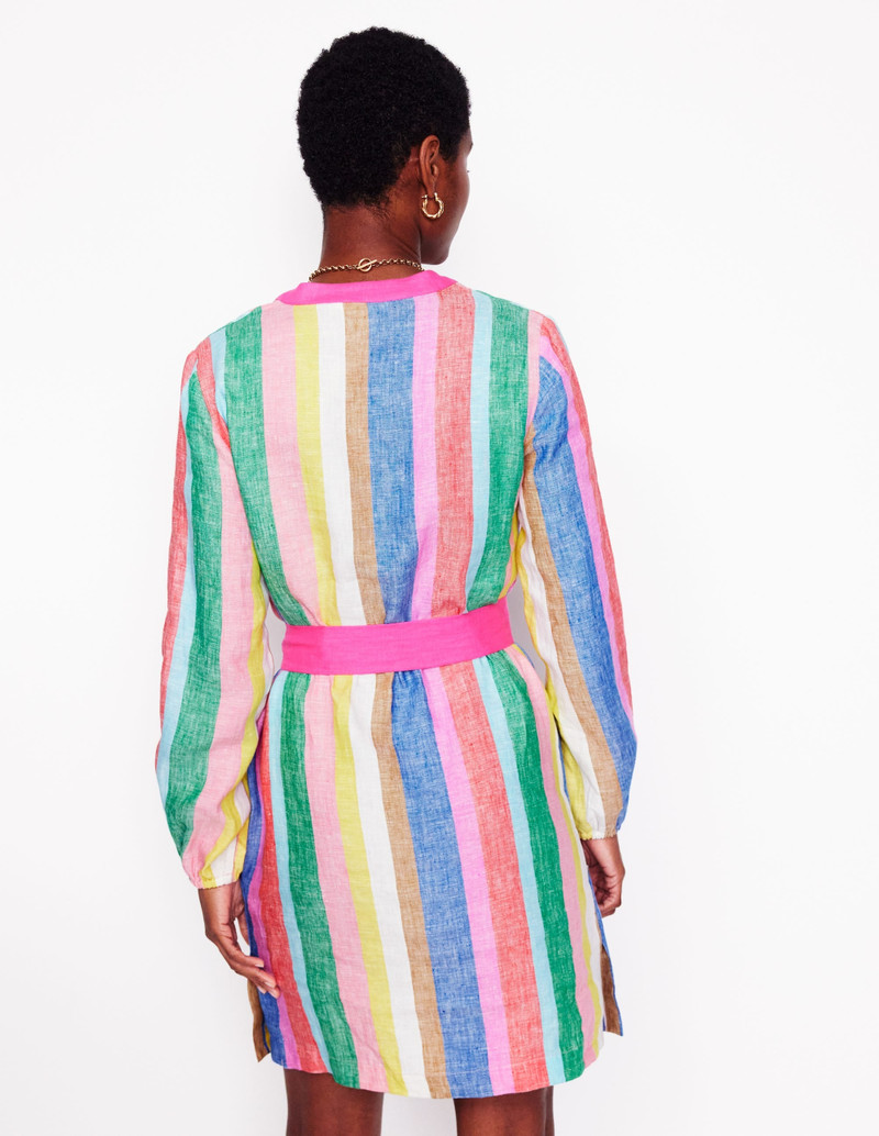 Cleo Linen Tie Waist Dress-Bright Rainbow Stripe 4