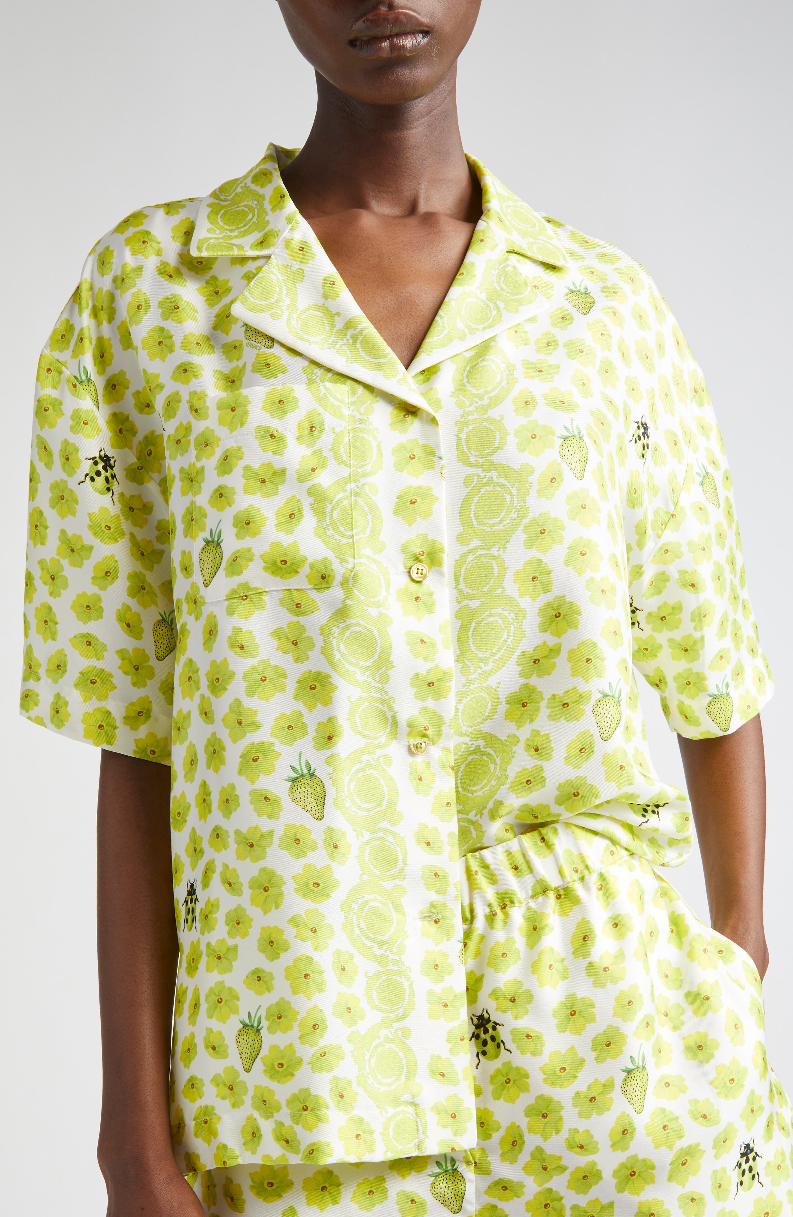 Versace Strawberry Garden Print Camp Shirt in White/Lime at Nordstrom - 5